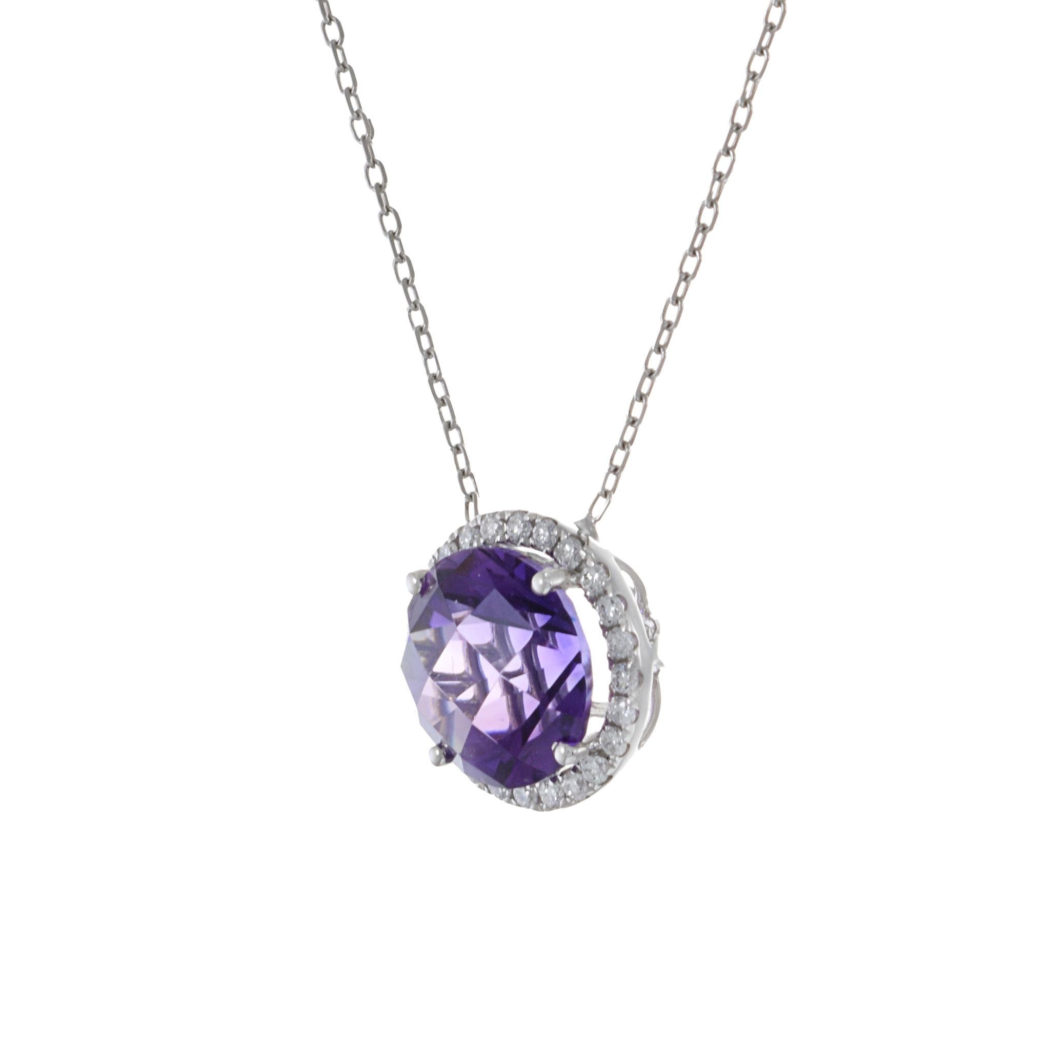 Round Cut 18KT White Gold Amethyst And Diamond Necklace For Sale