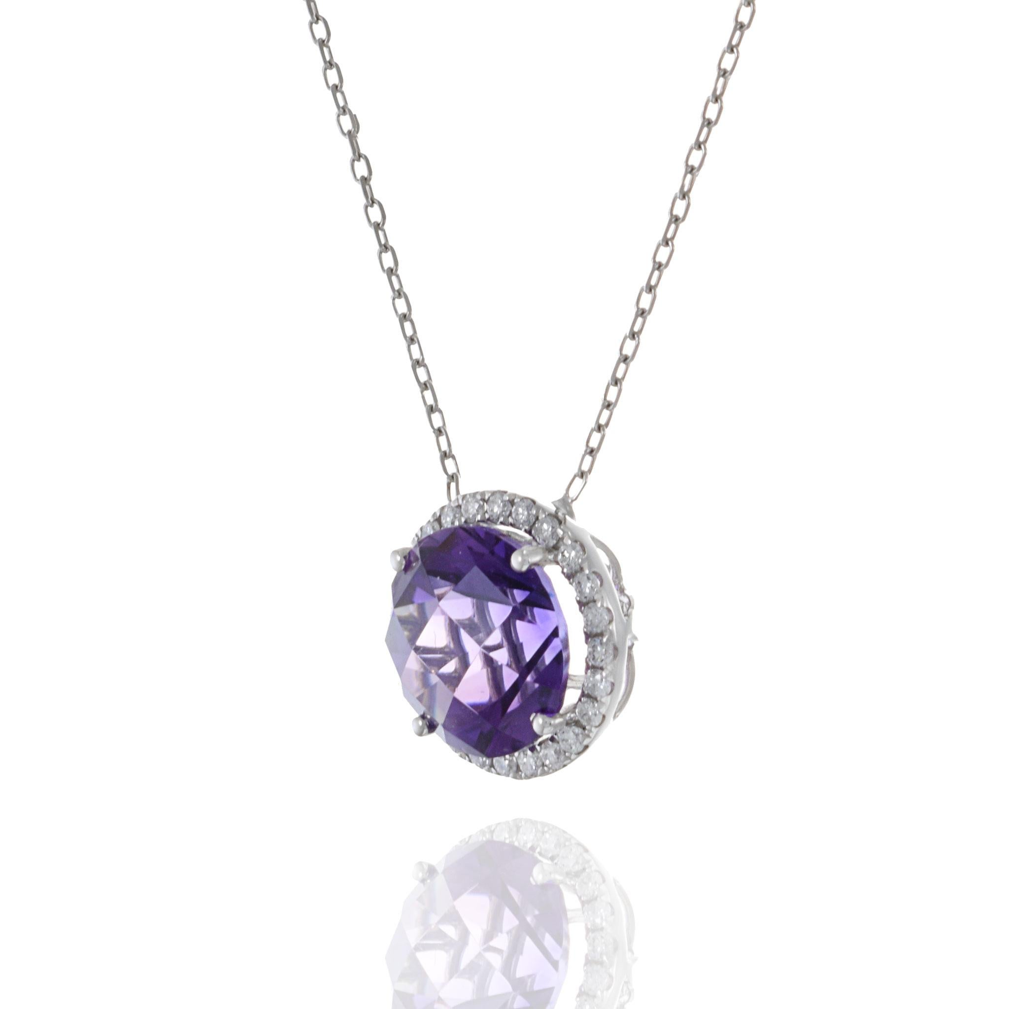 18KT White Gold Amethyst And Diamond Necklace In New Condition For Sale In New York, NY