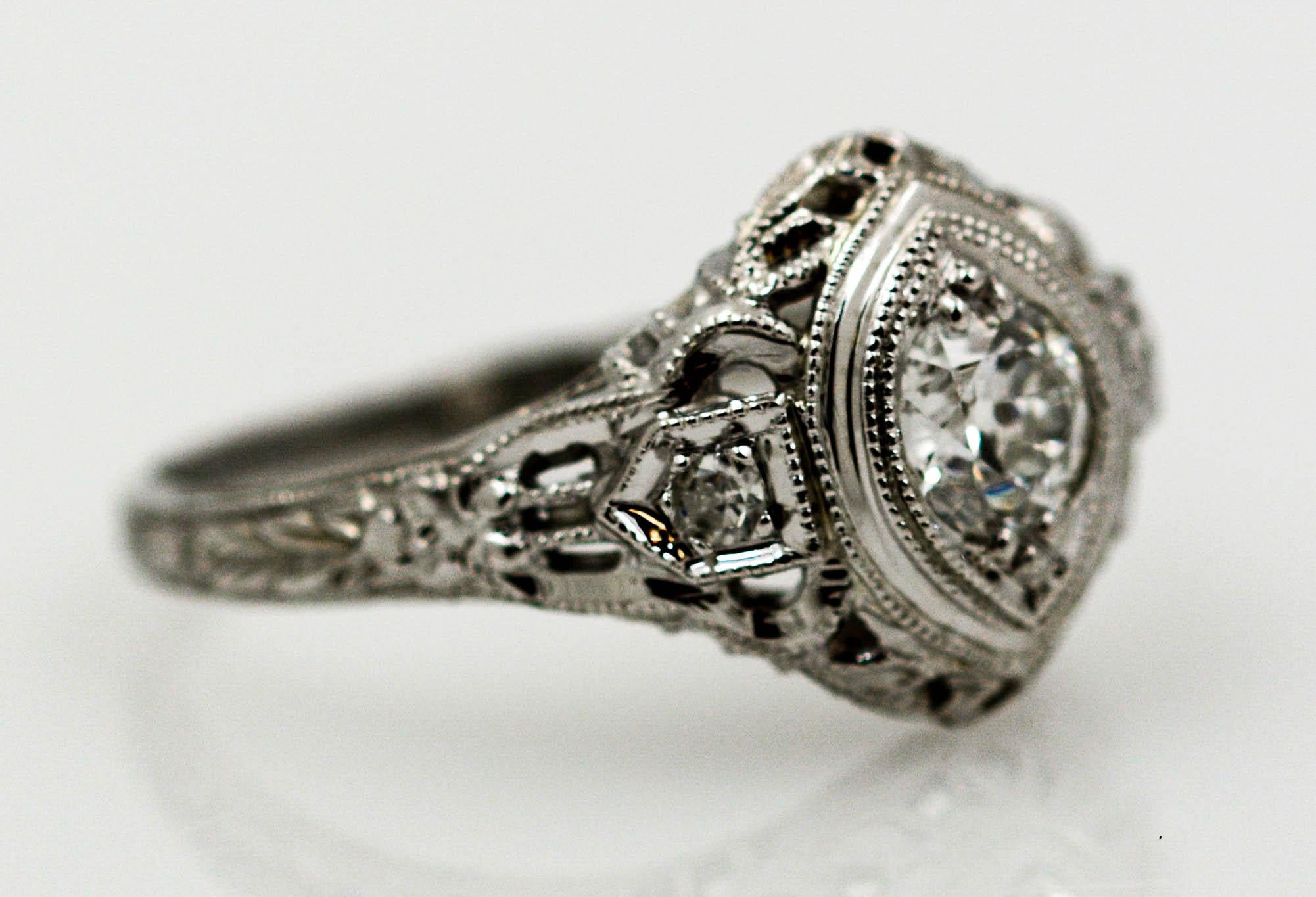 Old European Cut 18 Karat White Gold and Diamond Art Deco Style Filigree Ring