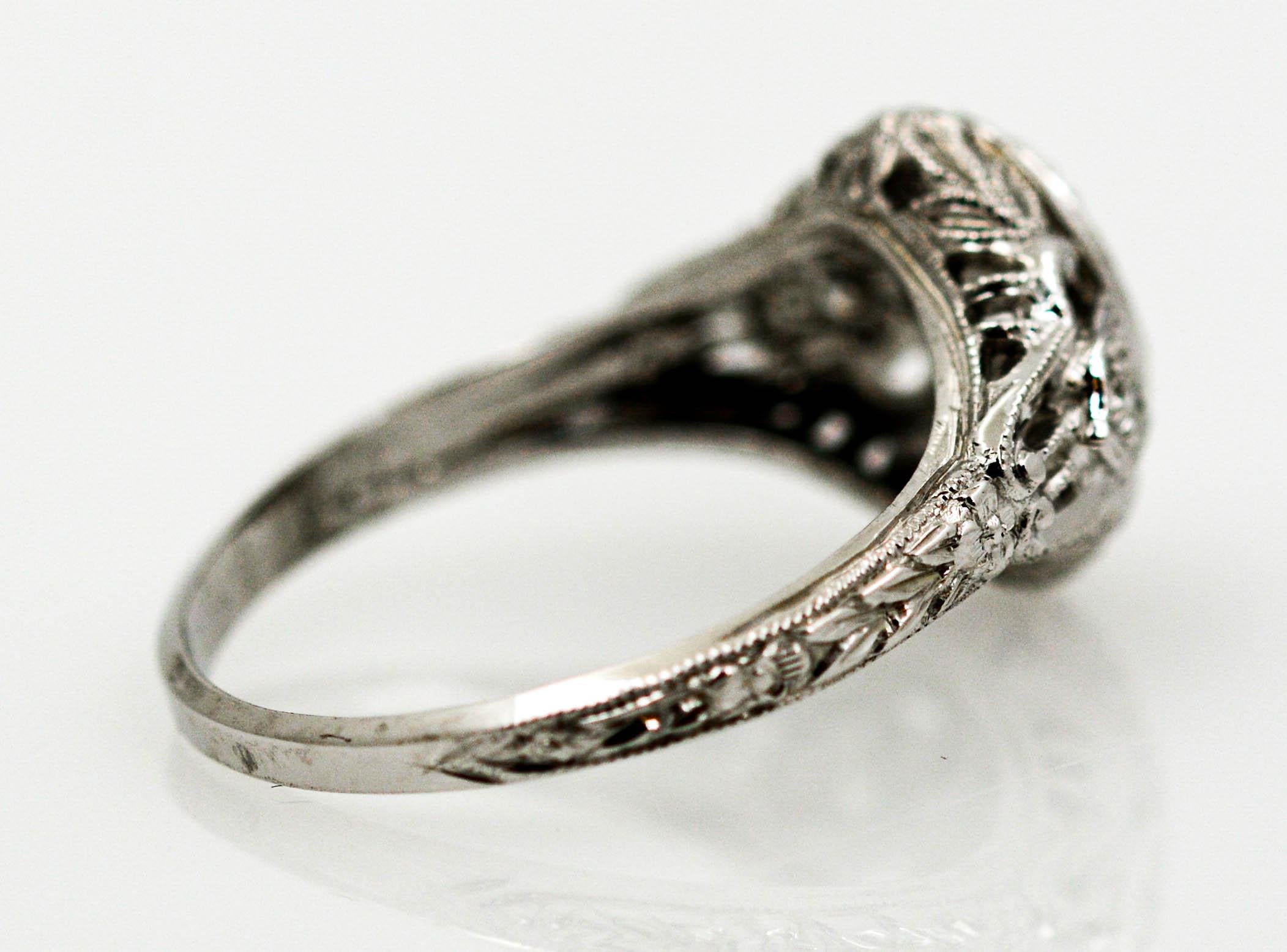 Women's 18 Karat White Gold and Diamond Art Deco Style Filigree Ring