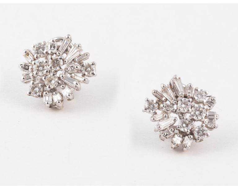 Baguette Cut 18kt White Gold and Diamond Cluster Earrings For Sale