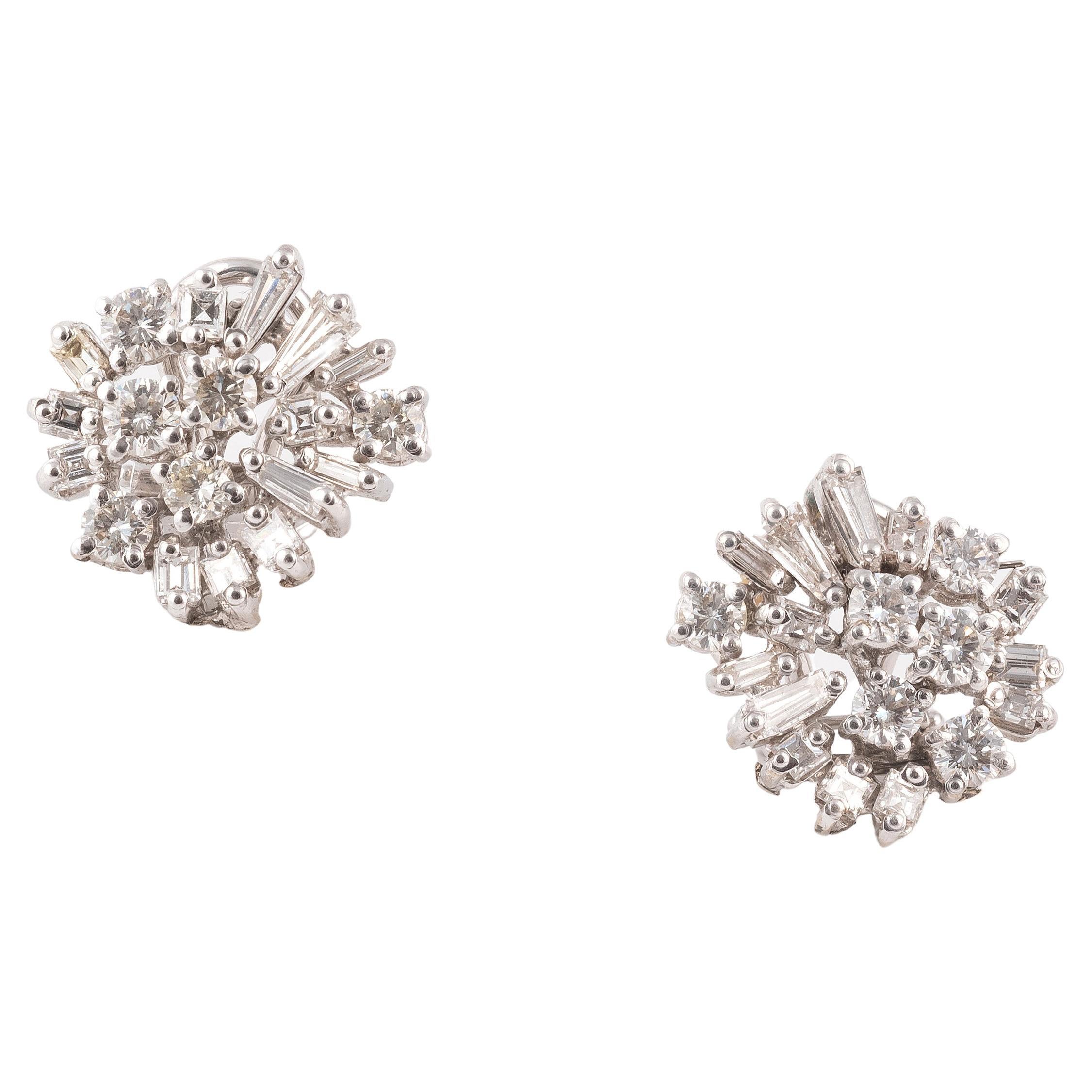 Baguette Cut 18kt White Gold and Diamond Cluster Earrings