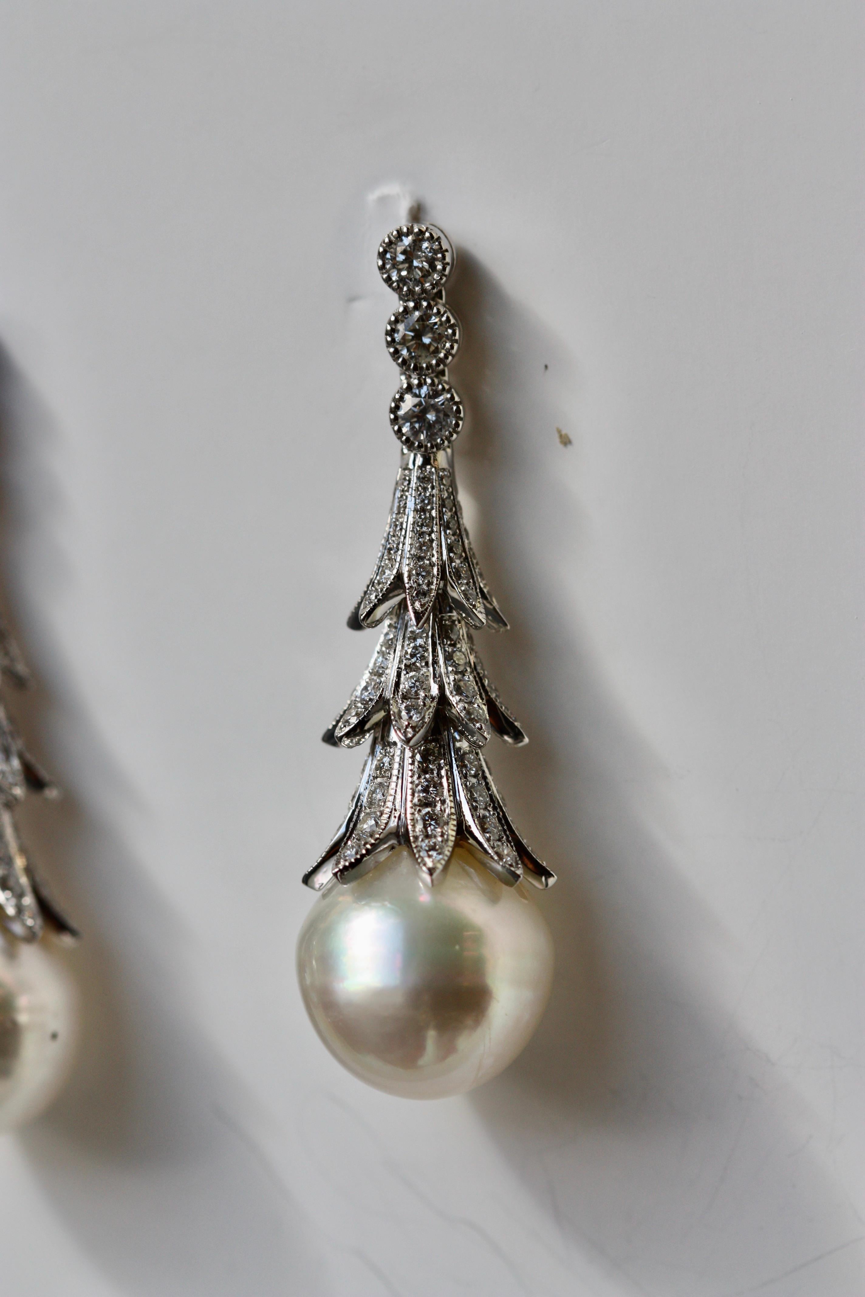 Round Cut 18 Karat White Gold and Diamond South Sea Pearl Earrings