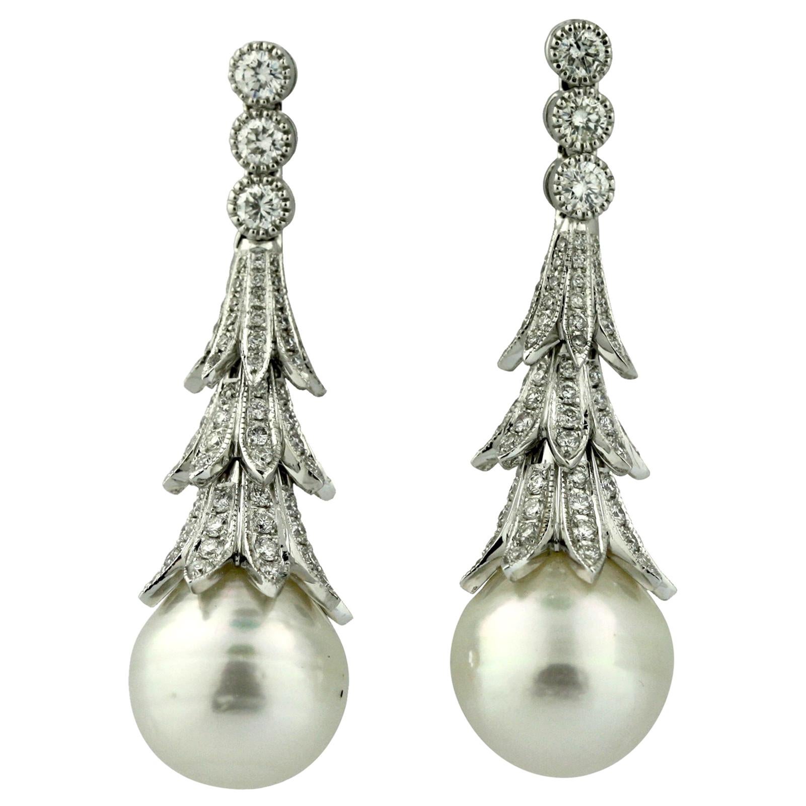 18 Karat White Gold and Diamond South Sea Pearl Earrings