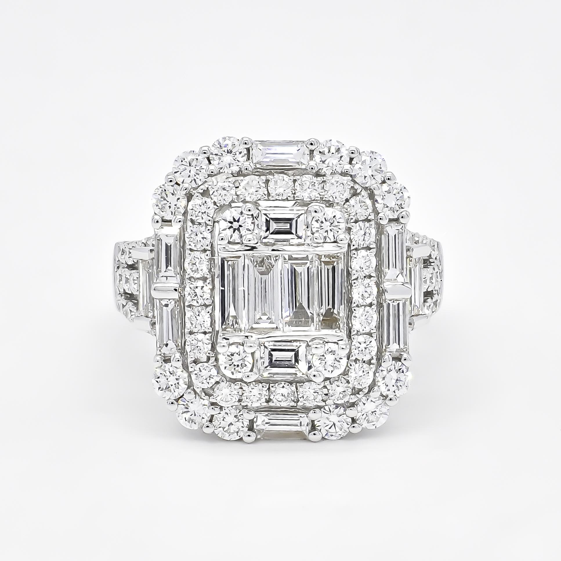 For Sale:  18KT White Gold Art Deco Baguette Round Diamond Cluster Double Halo Ring 5