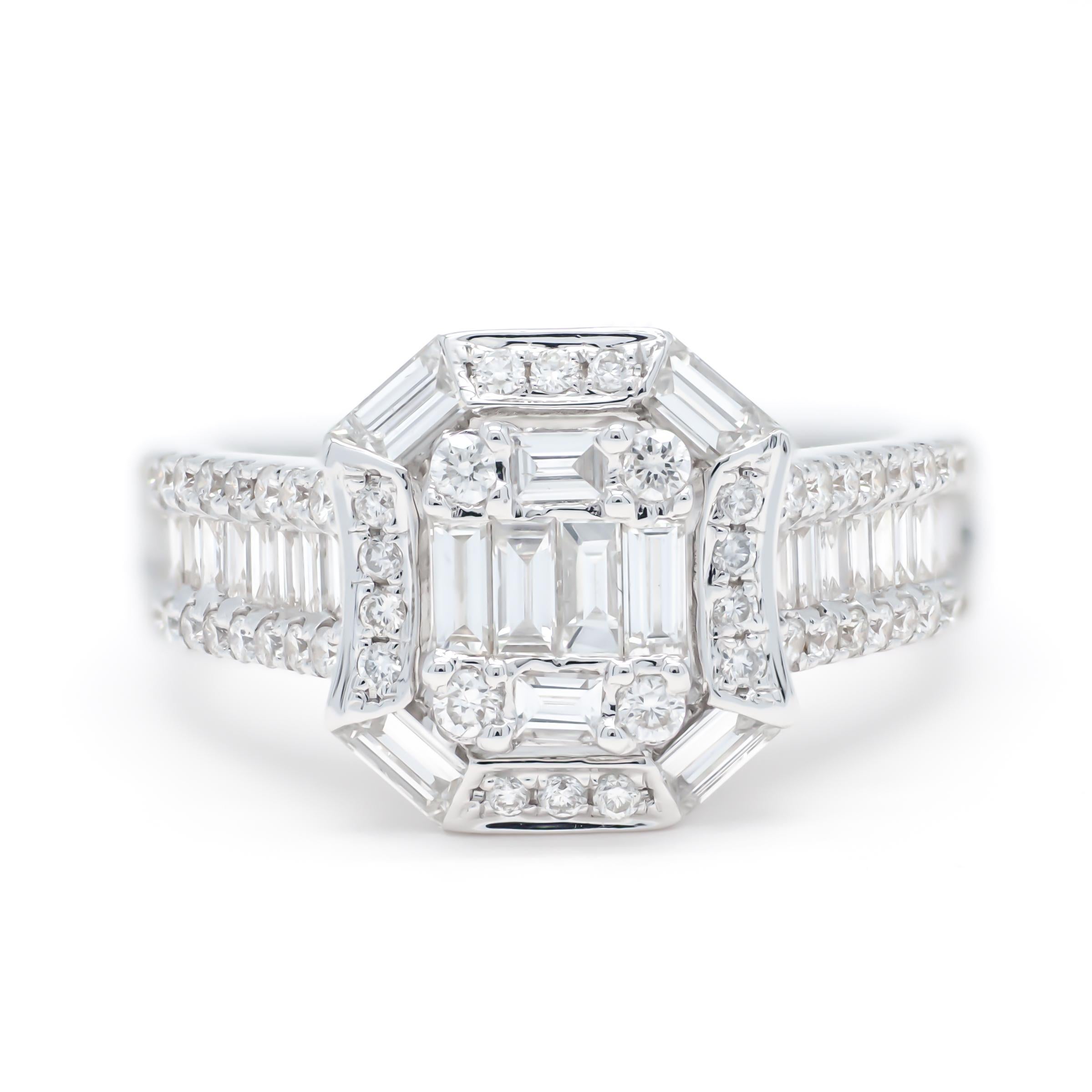 Baguette Cut 18KT White Gold Art Deco Baguette Round Diamond Cluster Halo Engagement Ring For Sale