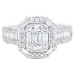 18KT White Gold Art Deco Baguette Round Diamond Cluster Halo Engagement Ring