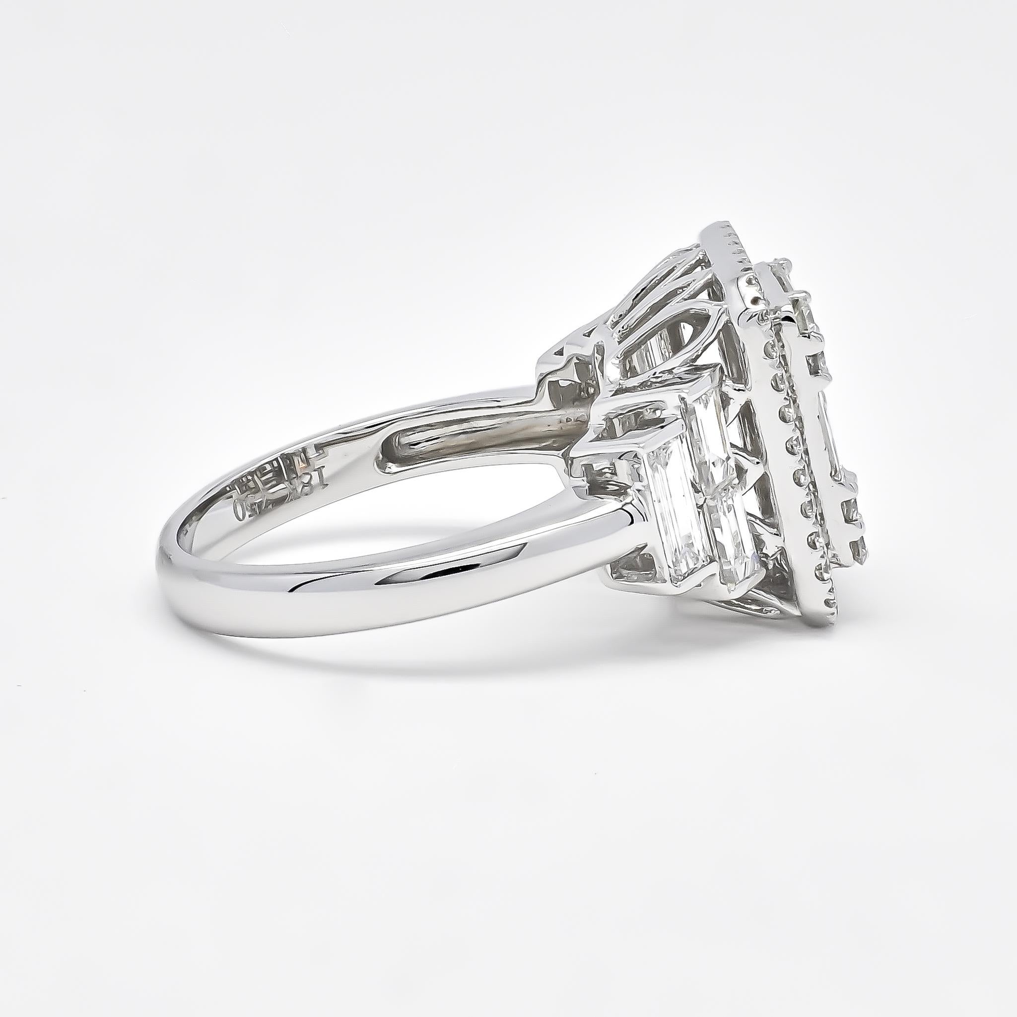 For Sale:  18KT White Gold Art Deco Baguette Round Diamond Cluster Halo Side Step Cut Ring 5