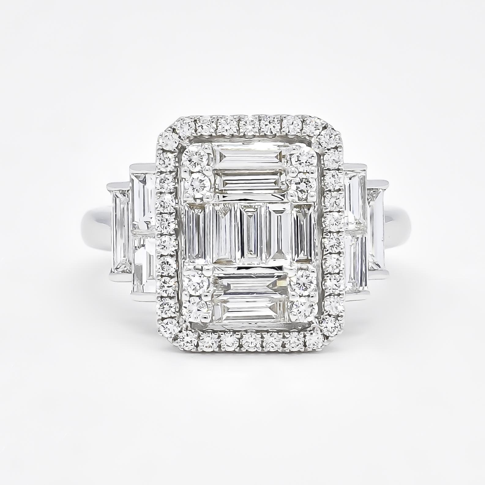 For Sale:  18KT White Gold Art Deco Baguette Round Diamond Cluster Halo Side Step Cut Ring 6