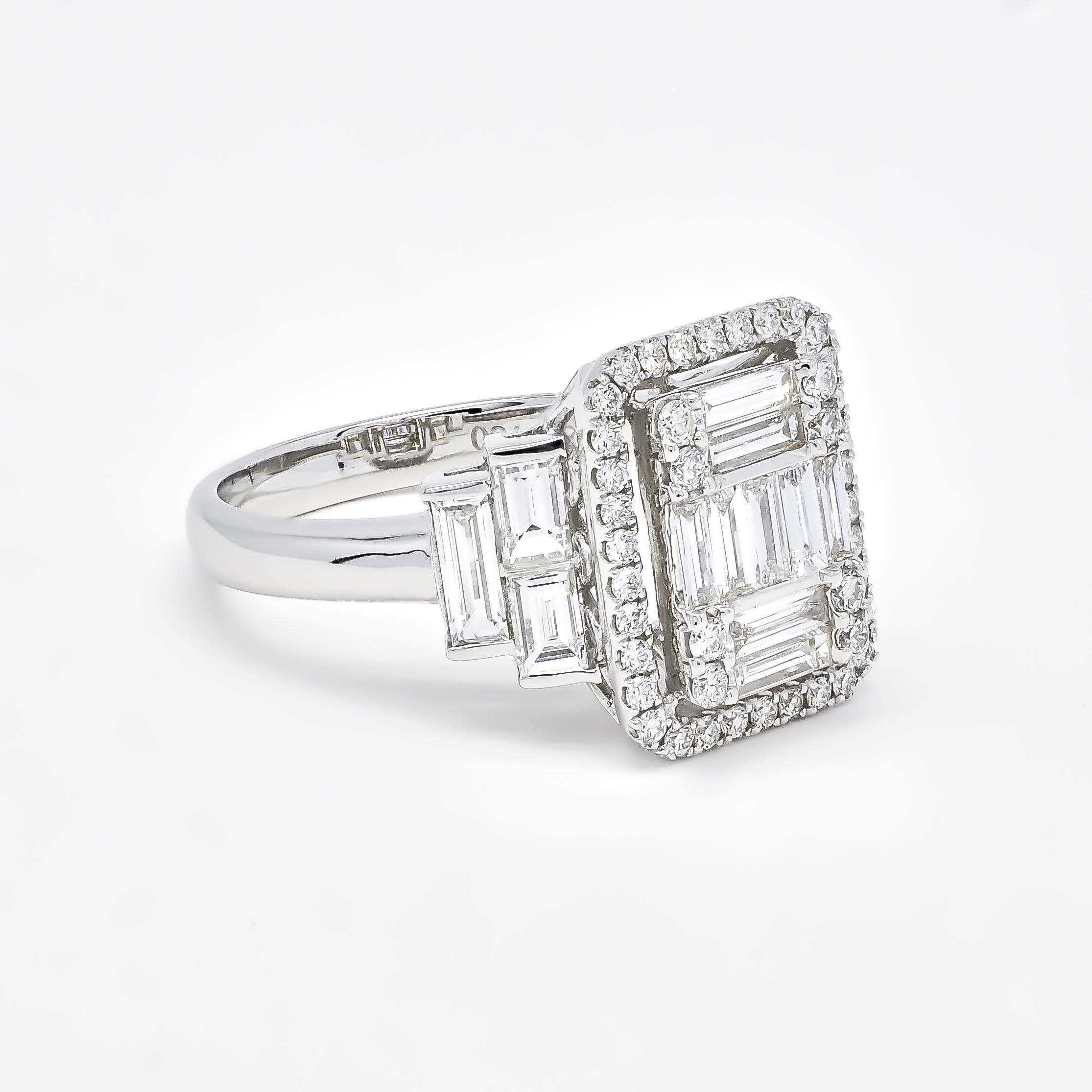 For Sale:  18KT White Gold Art Deco Baguette Round Diamond Cluster Halo Side Step Cut Ring 7