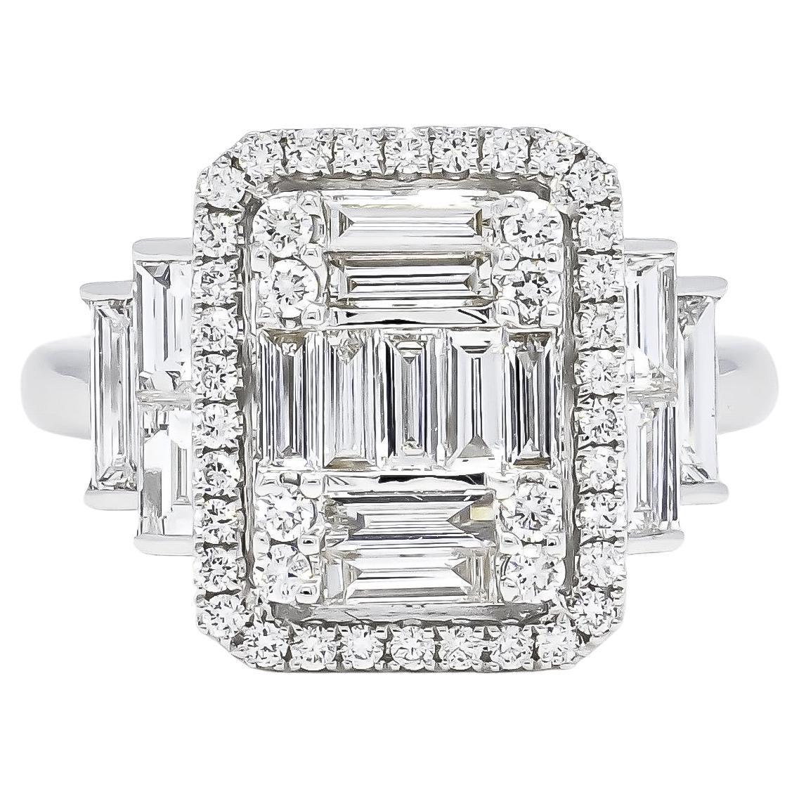For Sale:  18KT White Gold Art Deco Baguette Round Diamond Cluster Halo Side Step Cut Ring