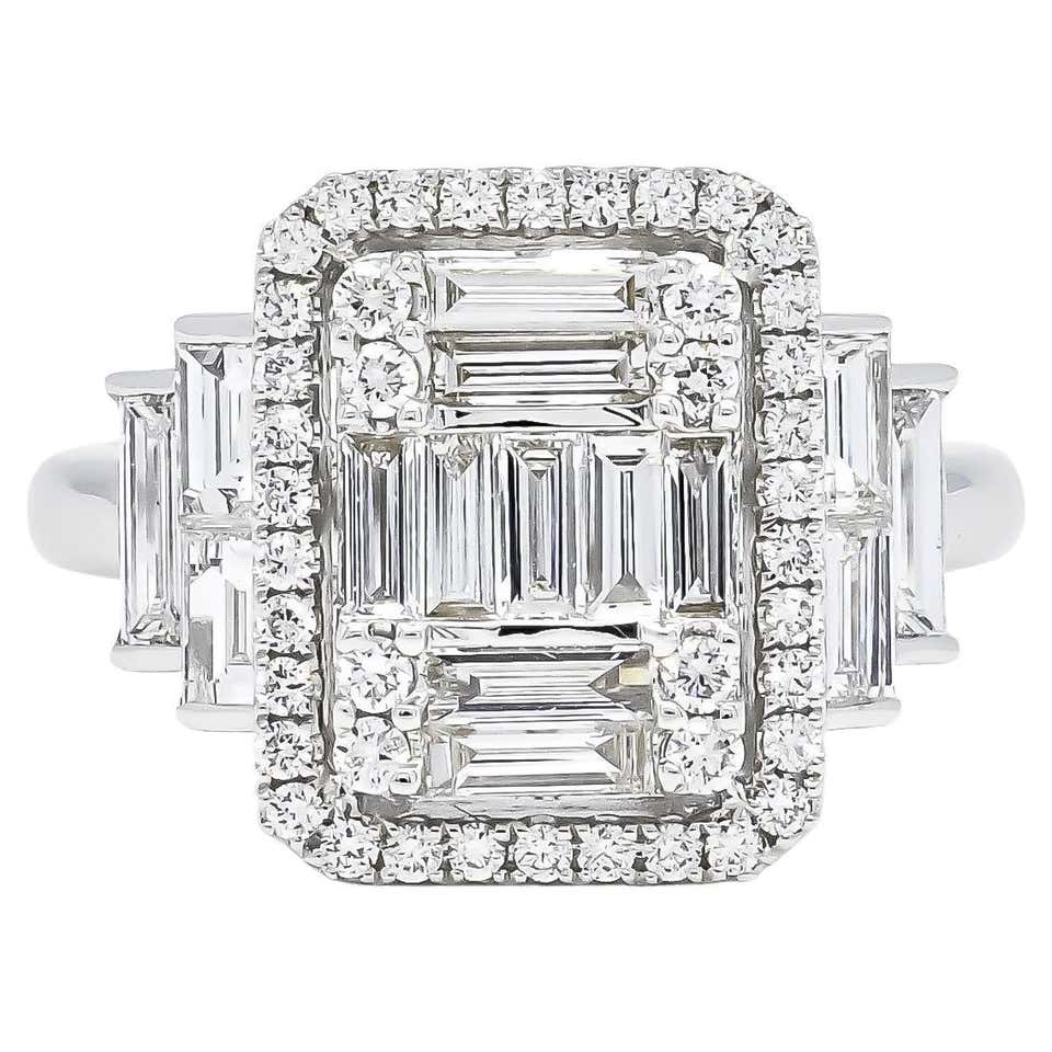 Step Cut Riing Customizable 18KT White Gold Art Deco Baguette Round Diamond Illusion ...