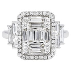 18KT White Gold Art Deco Baguette Round Diamond Cluster Halo Side Step Cut Ring