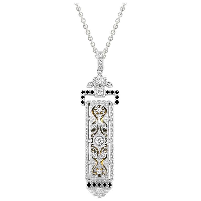 18Kt White Gold Art Deco style white & black diamond ''Cartouche'' Pendant  For Sale