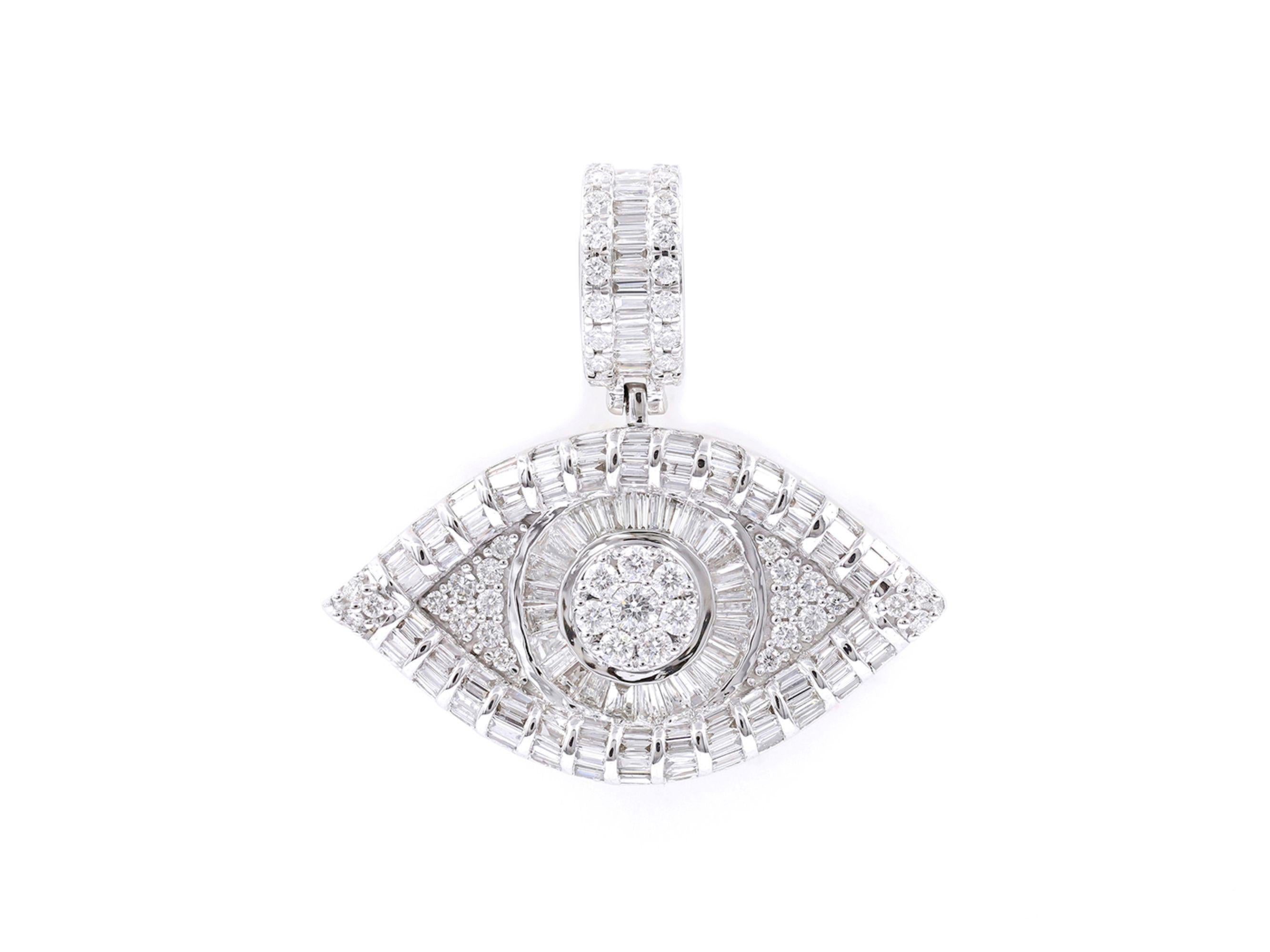18KT White Gold Art Deco Diamond Evil Eye Pendant, 2.40 Carats For Sale