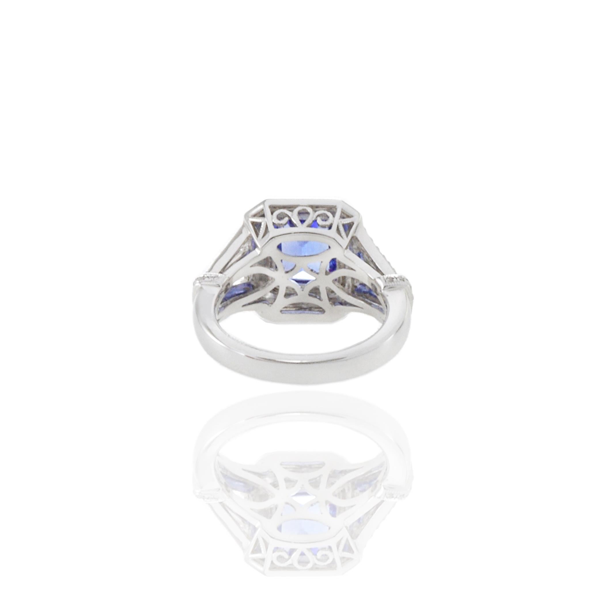 18KT White Gold Art Deco Style Emerald Tanzanite And Diamond Ring For Sale 5