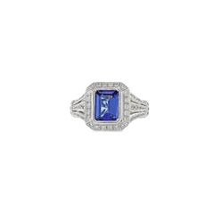 18KT White Gold Art Deco Style Emerald Tanzanite And Diamond Ring