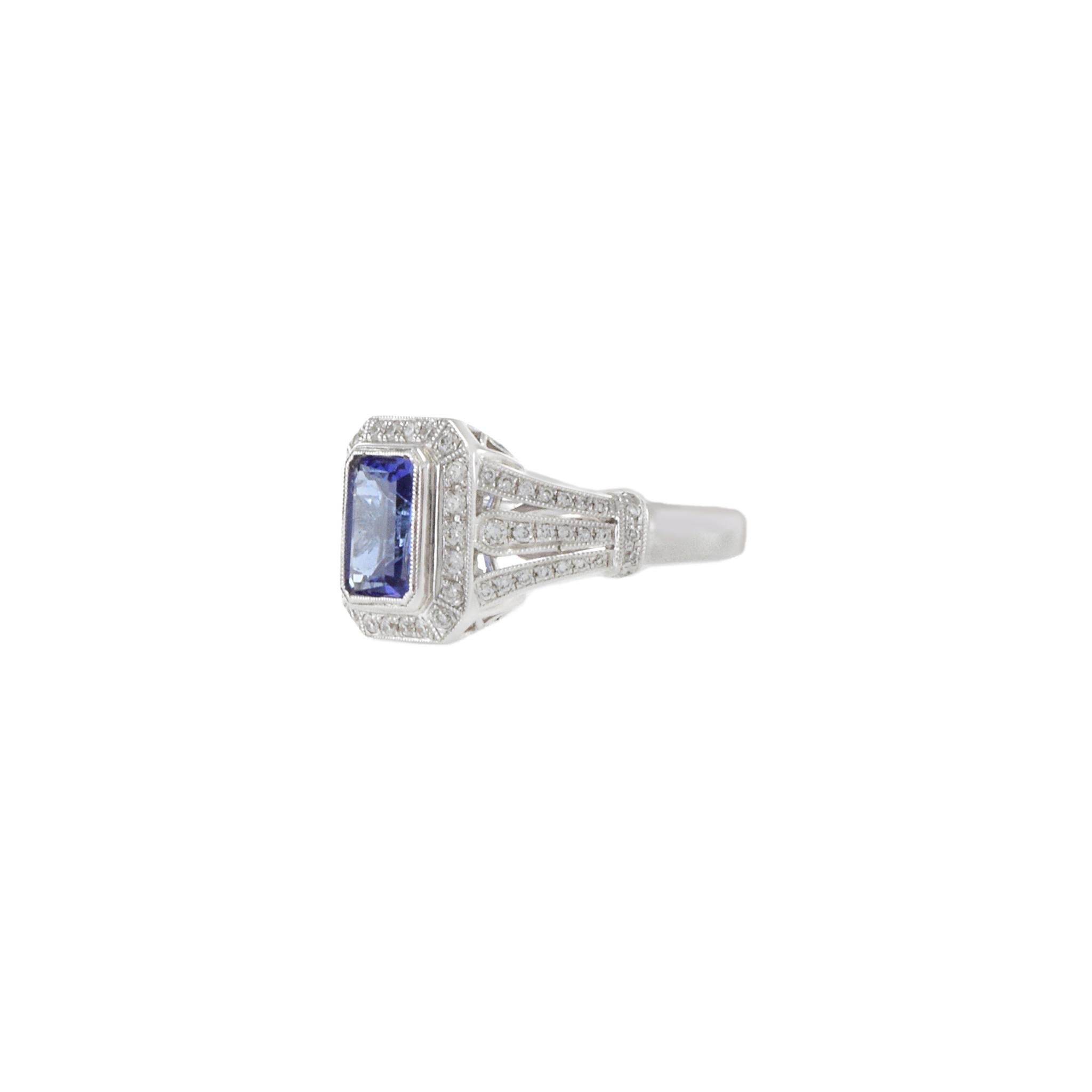 Emerald Cut 18KT White Gold Art Deco Style Emerald Tanzanite And Diamond Ring For Sale