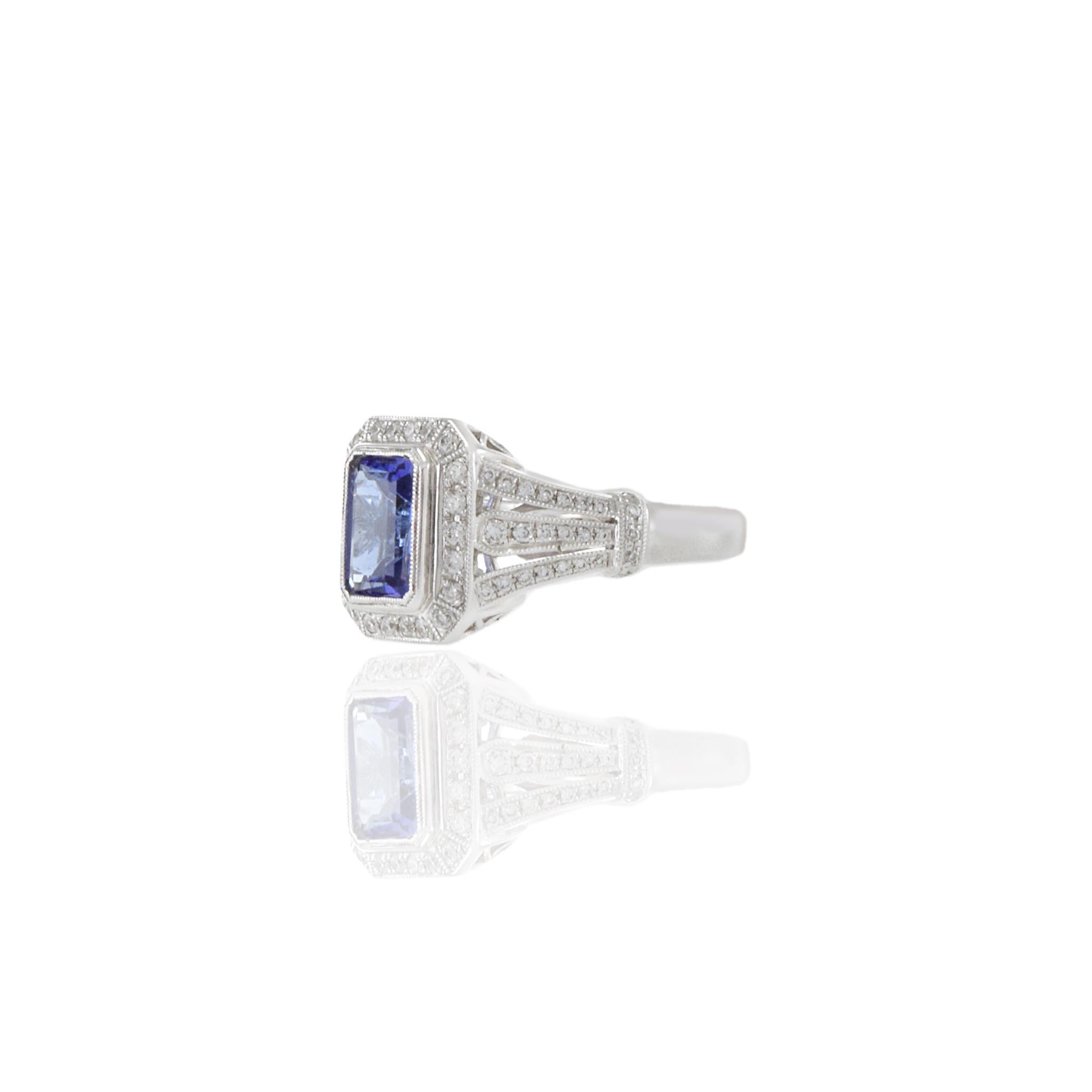 18KT White Gold Art Deco Style Emerald Tanzanite And Diamond Ring In Excellent Condition For Sale In New York, NY