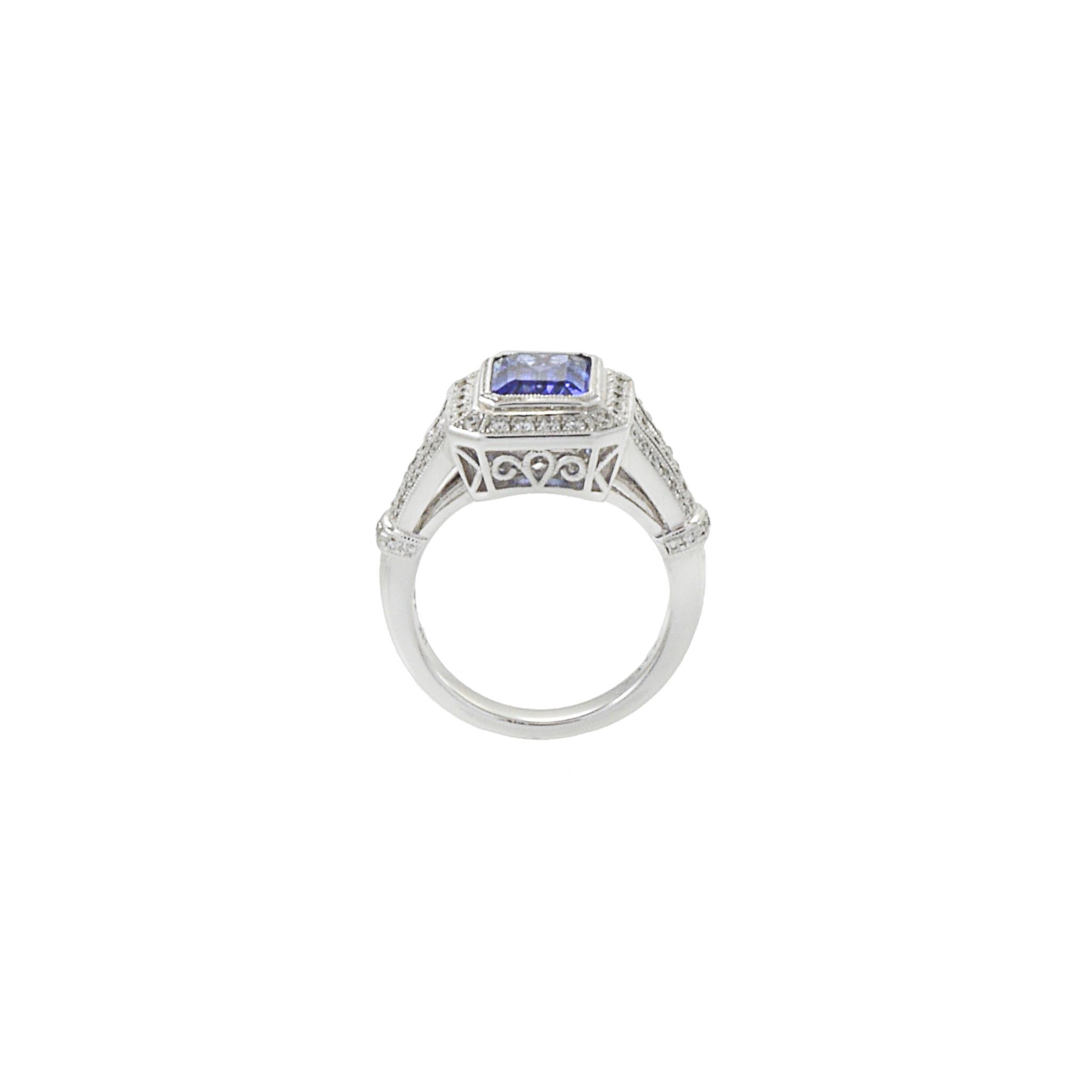 Women's or Men's 18KT White Gold Art Deco Style Emerald Tanzanite And Diamond Ring For Sale