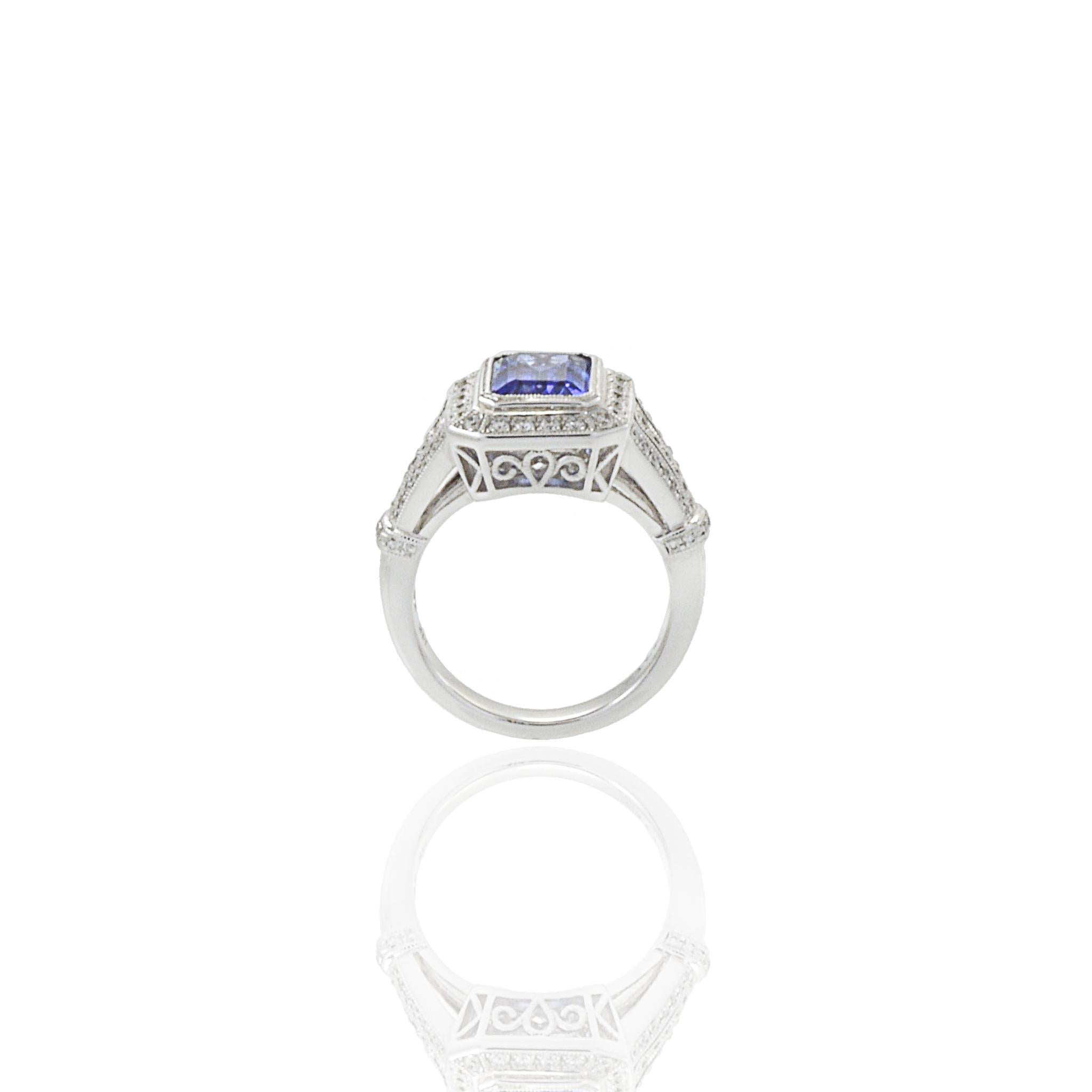 18KT White Gold Art Deco Style Emerald Tanzanite And Diamond Ring For Sale 1