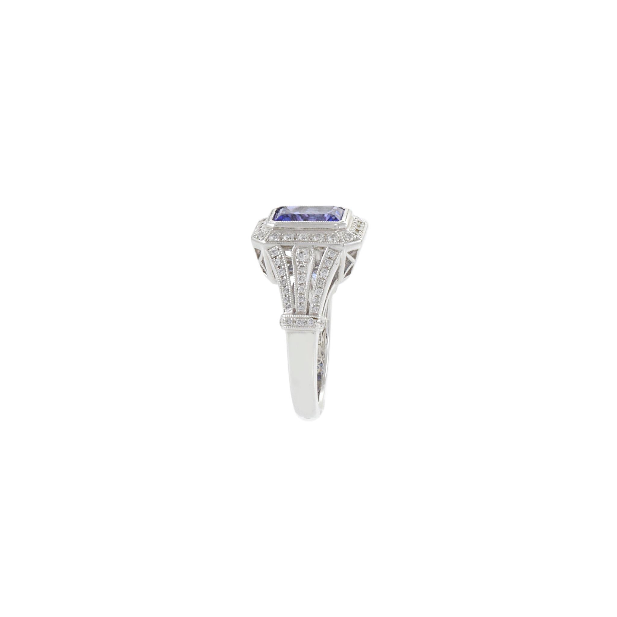 18KT White Gold Art Deco Style Emerald Tanzanite And Diamond Ring For Sale 2