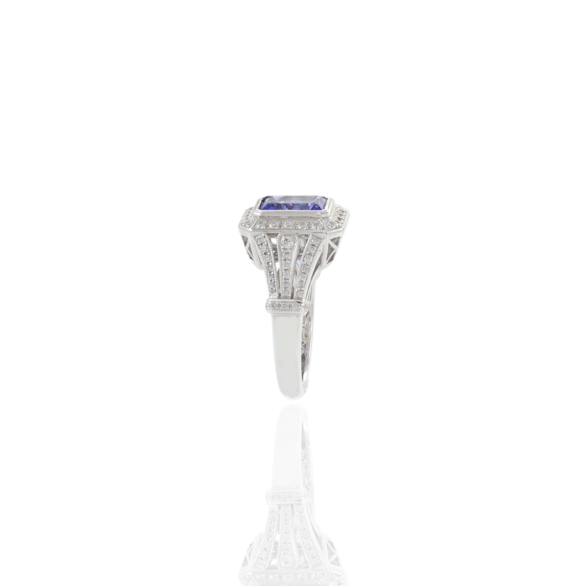 18KT White Gold Art Deco Style Emerald Tanzanite And Diamond Ring For Sale 3