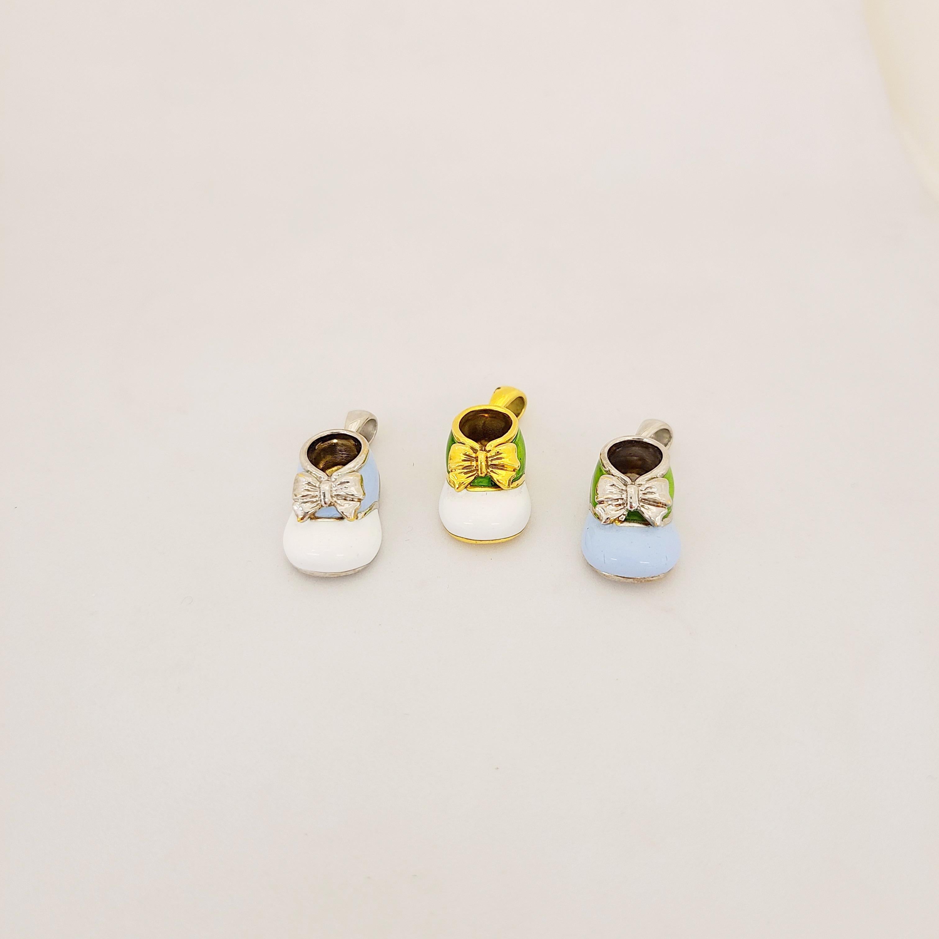 Women's or Men's 18 Karat White Gold Baby Shoe Charm with Light Blue and White Enamel