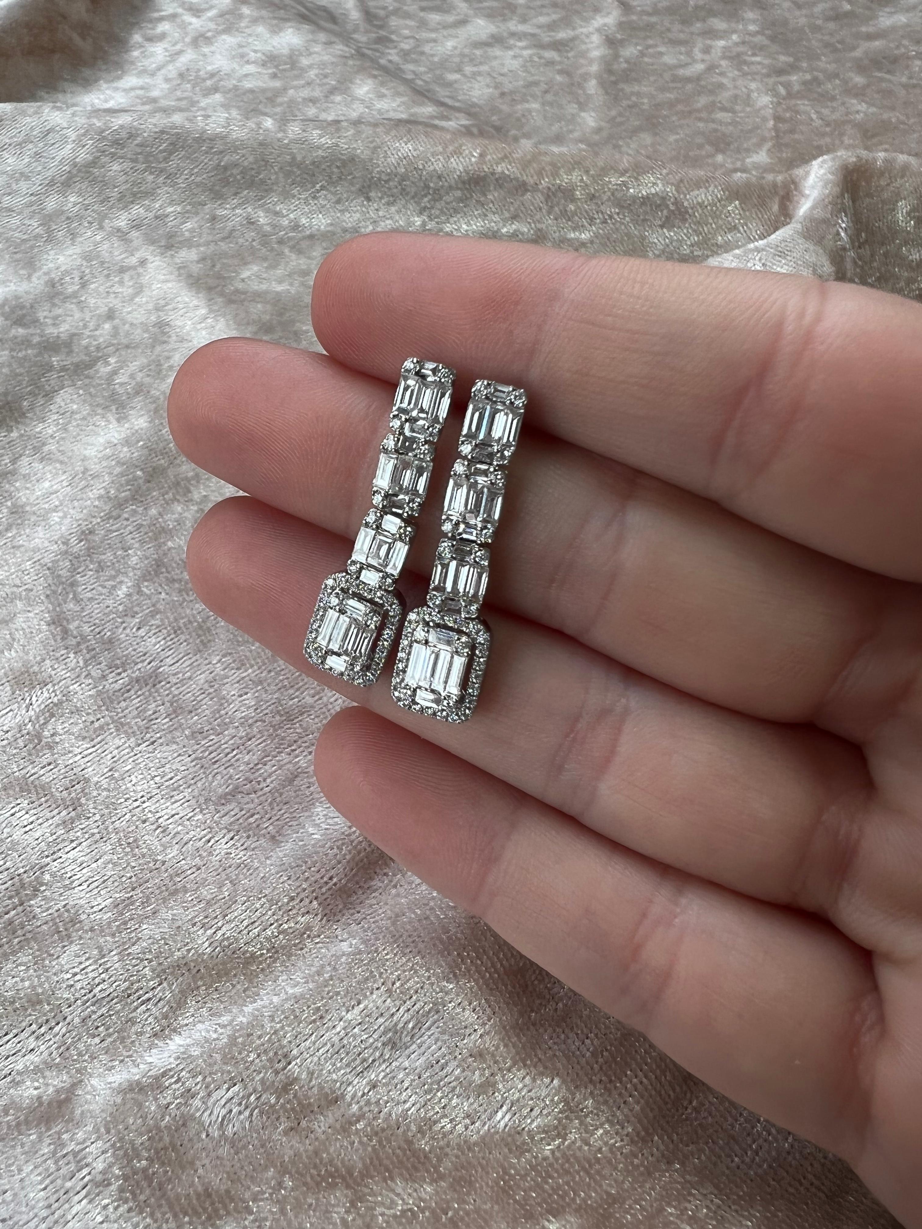 Baguette Cut 18KT White Gold Baguette and Round 4 Cluster Halo Drop Dangler Earring For Sale