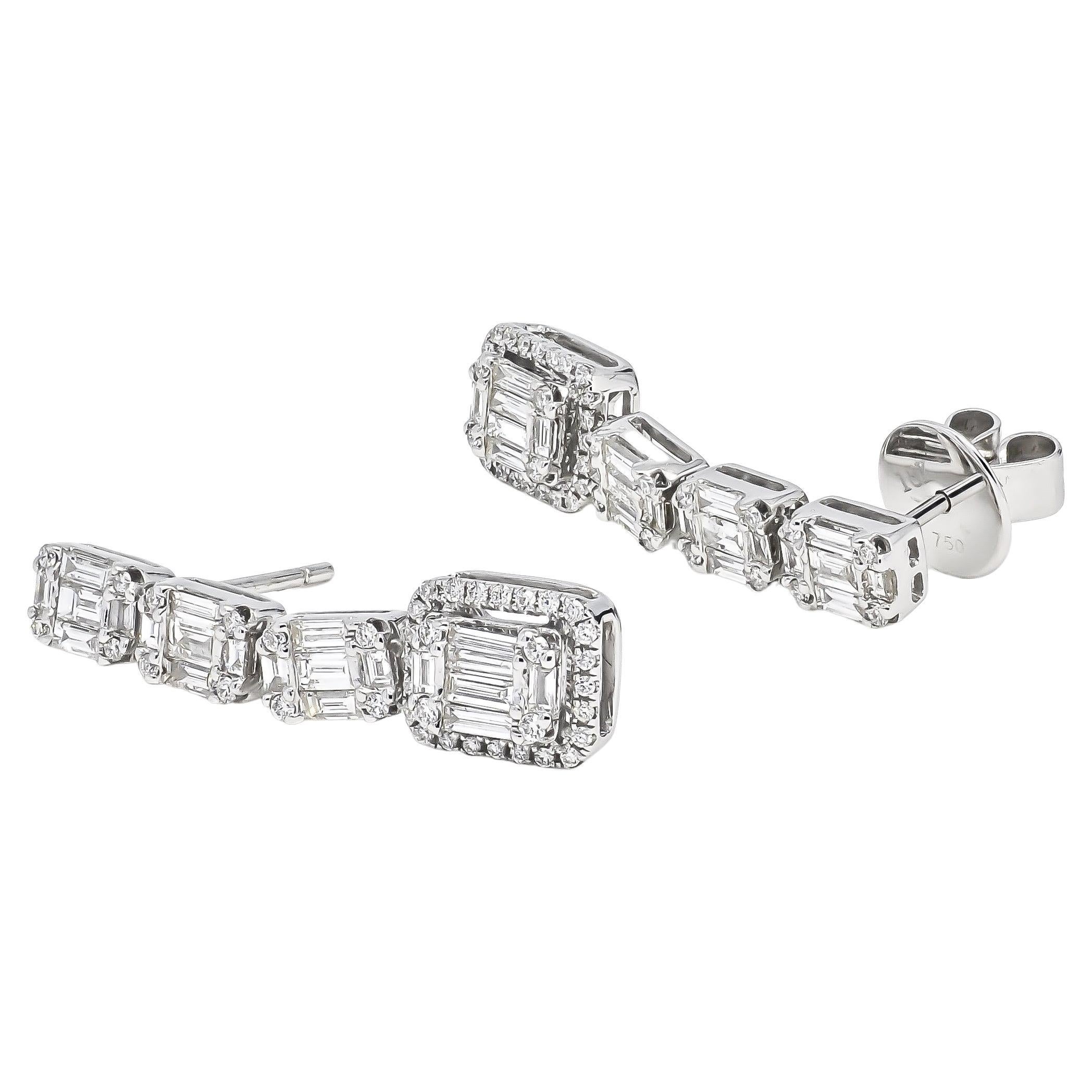 18KT White Gold Baguette and Round 4 Cluster Halo Drop Dangler Earring For Sale