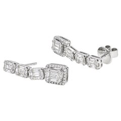 18KT White Gold Baguette and Round 4 Cluster Halo Drop Dangler Earring