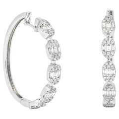 18KT White Gold Baguette and Round Diamond 5 Oval Cluster Illusion Hoop Earring