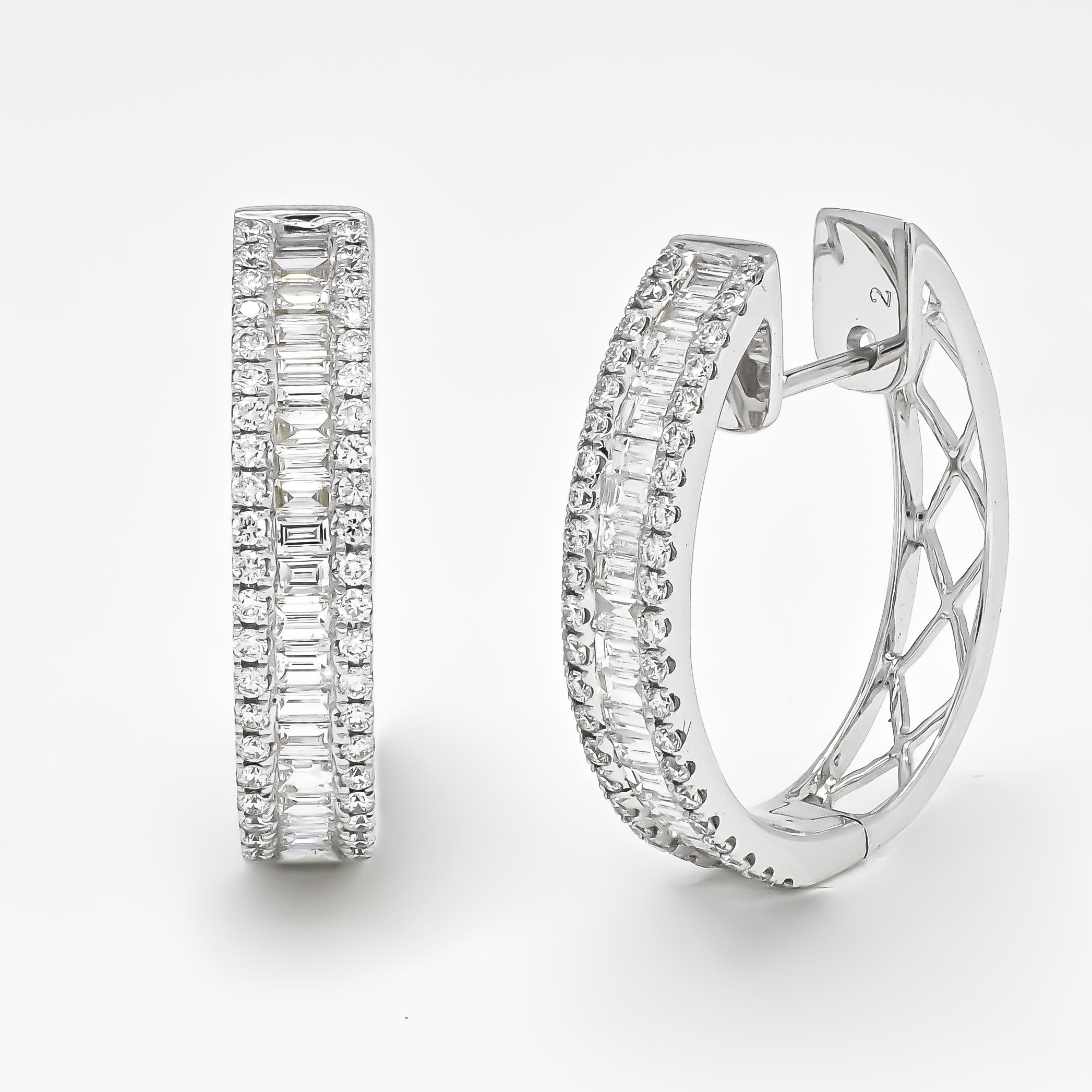 Baguette Cut 18KT White Gold Baguette and Round Diamonds Hoop Huggies Earrings For Sale