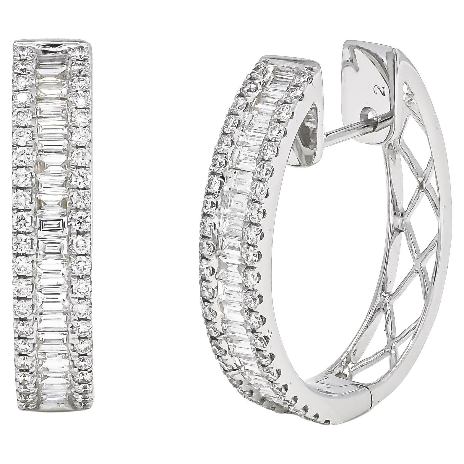 18KT White Gold Baguette and Round Diamonds Hoop Huggies Earrings For Sale