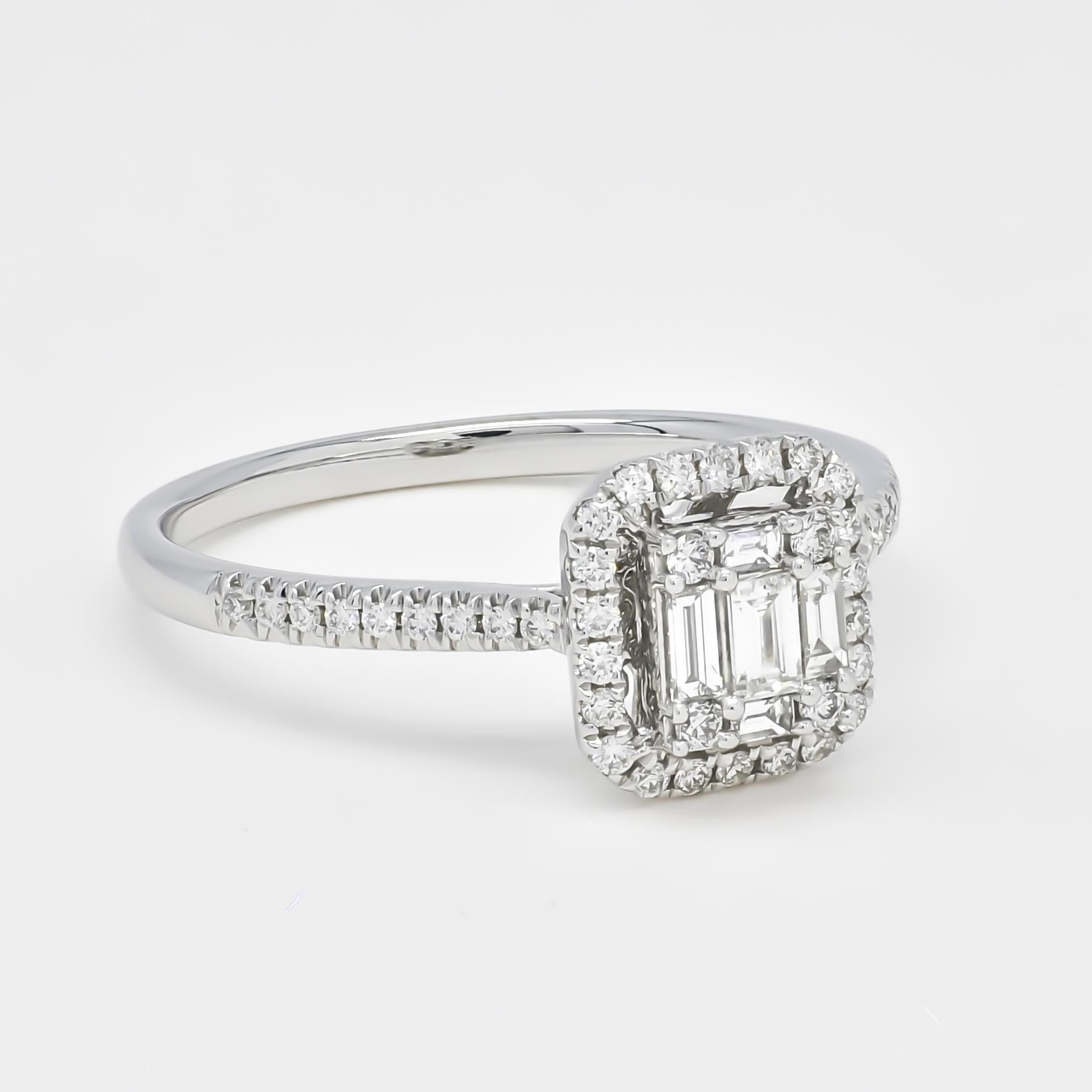 For Sale:  18KT White Gold Baguette and Round Halo Cluster Natural Diamonds Vintage Ring 6