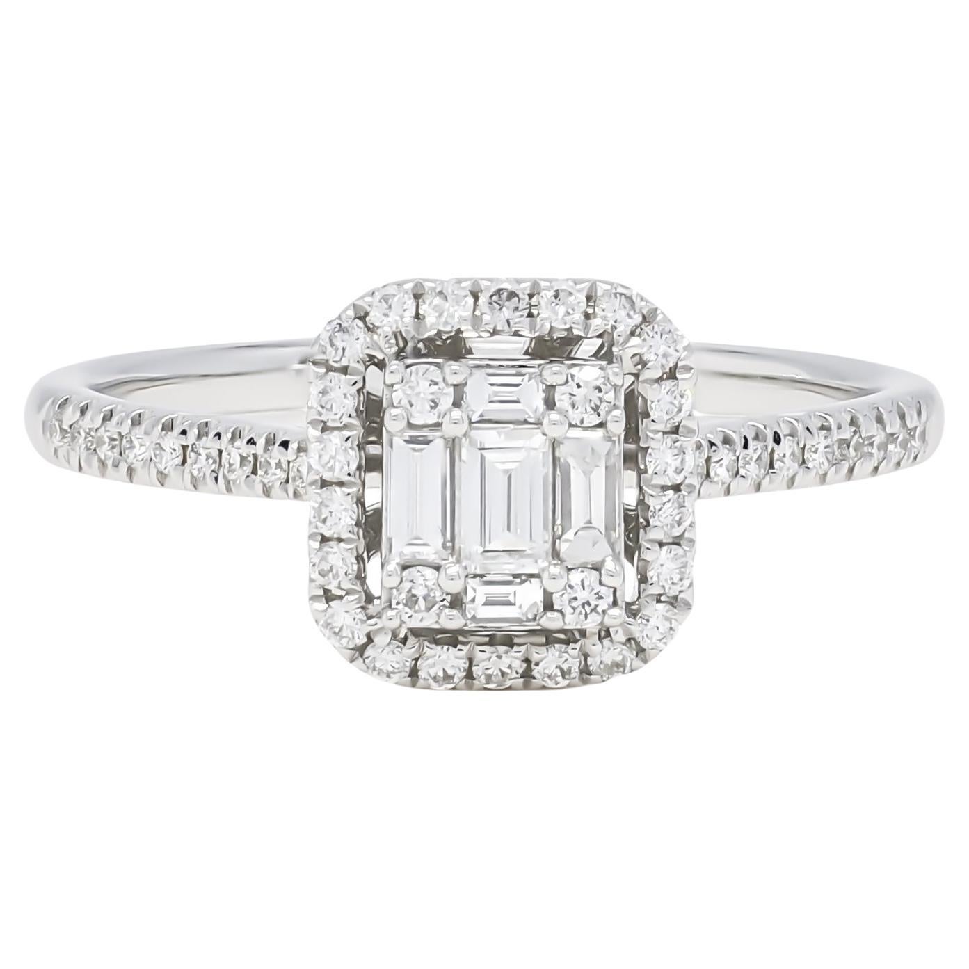 For Sale:  18KT White Gold Baguette and Round Halo Cluster Natural Diamonds Vintage Ring