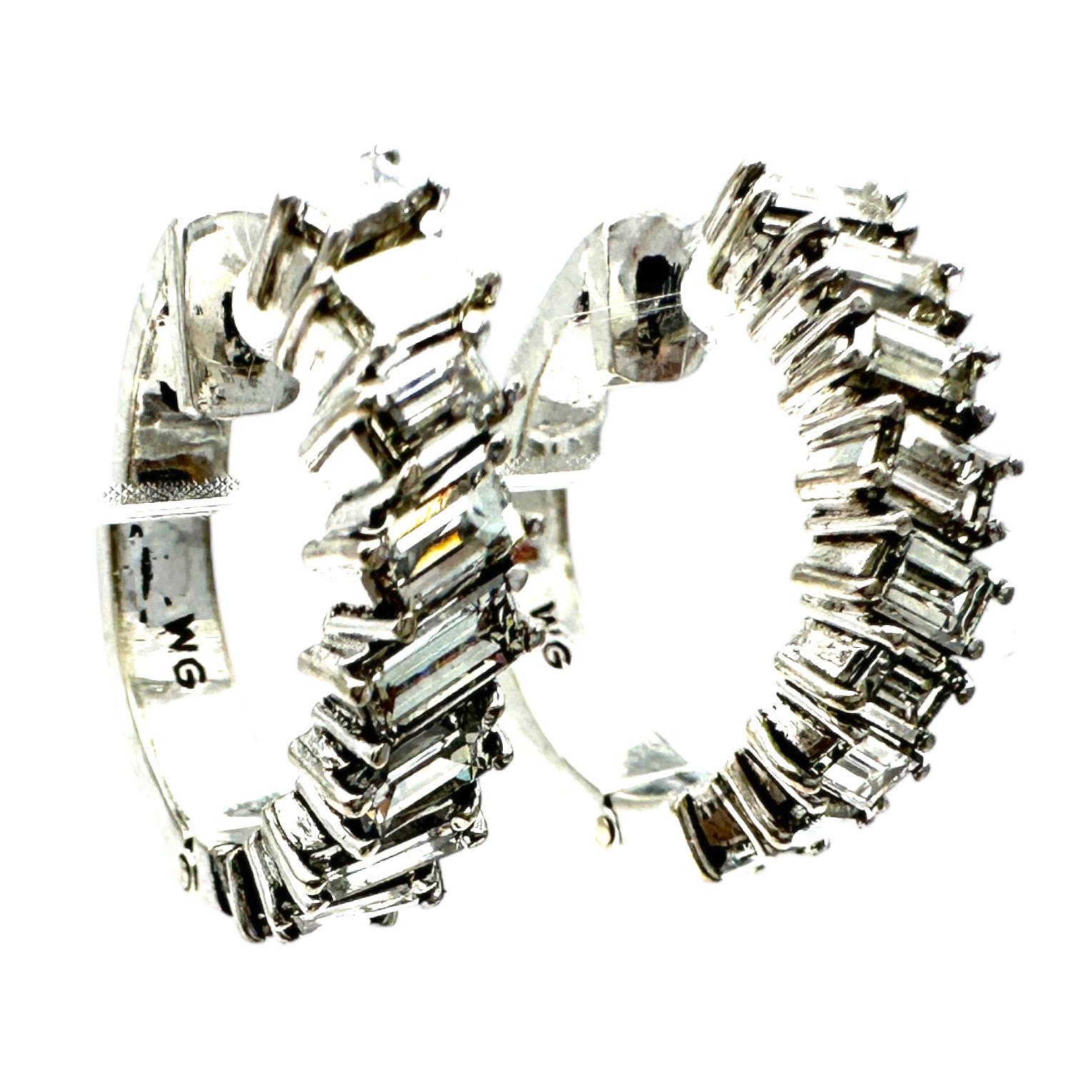 Contemporary 18kt White Gold Baguette Diamond Hoop Earrings 2.75 Carats VS For Sale