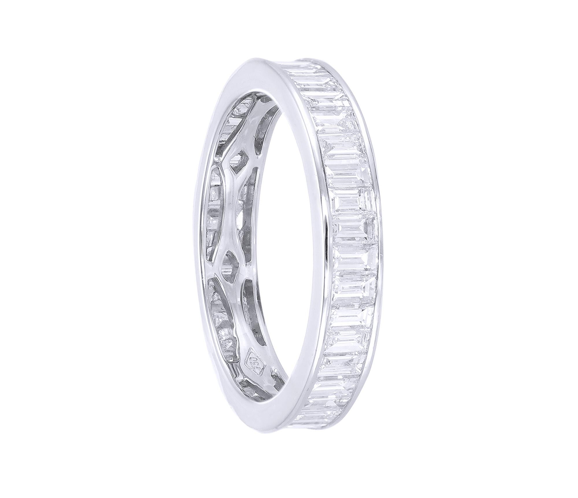 Baguette diamond wedding ring in a channel setting is a classic compliment to any engagement ring. This timeless band can be worn with the matching engagement rings as well as stacked with complimentary rings.

Our diamonds are graded as G-H color