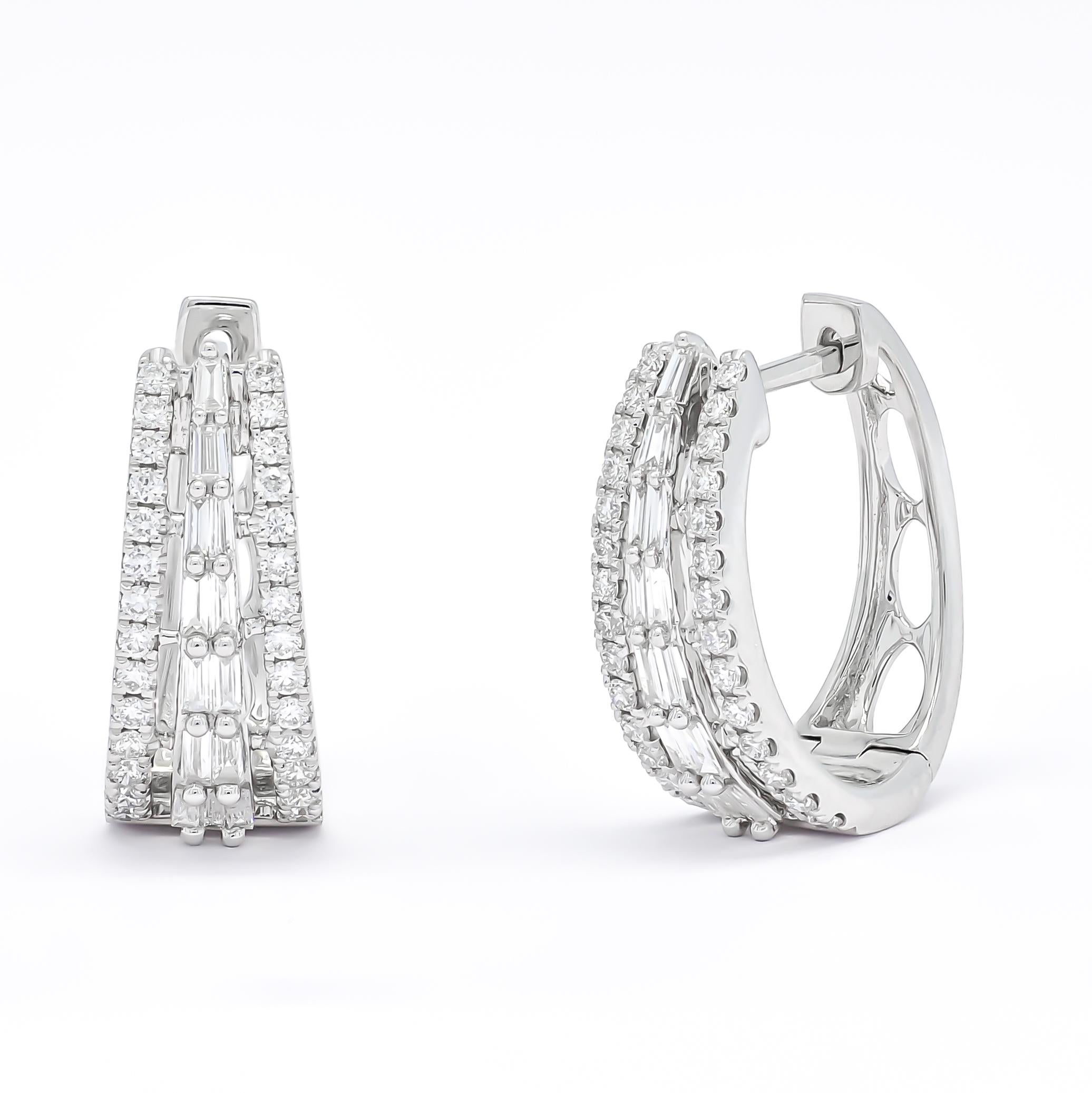 Modern Natural Diamonds 0.74 carats 18KT White Gold Hoop Huggies Earrings For Sale