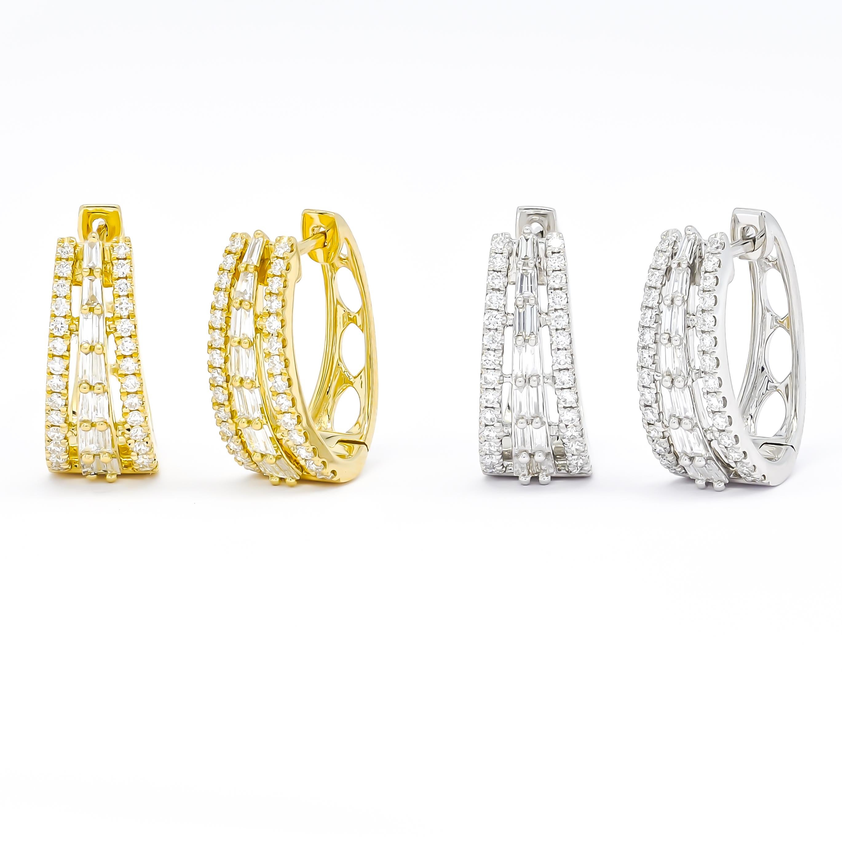 Baguette Cut Natural Diamonds 0.74 carats 18KT White Gold Hoop Huggies Earrings For Sale