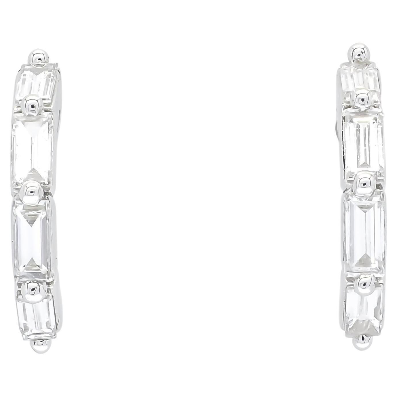 18 Karat White Gold Baguette Natural Diamond Half Hoop Huggie Earrings For Sale