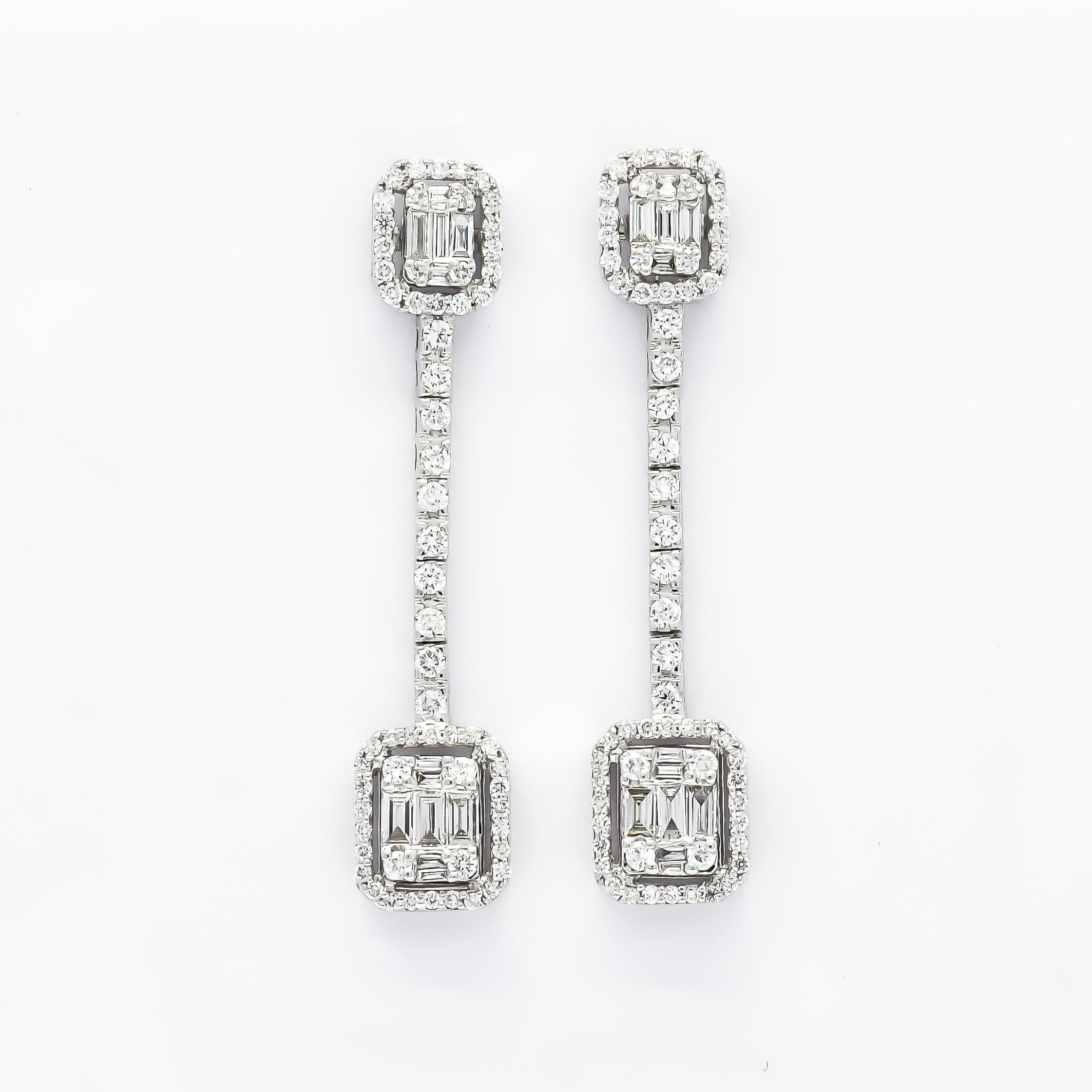 Modern 18KT White Gold Baguette Illusion Halo Natural Diamonds Dangler Drop Earrings For Sale