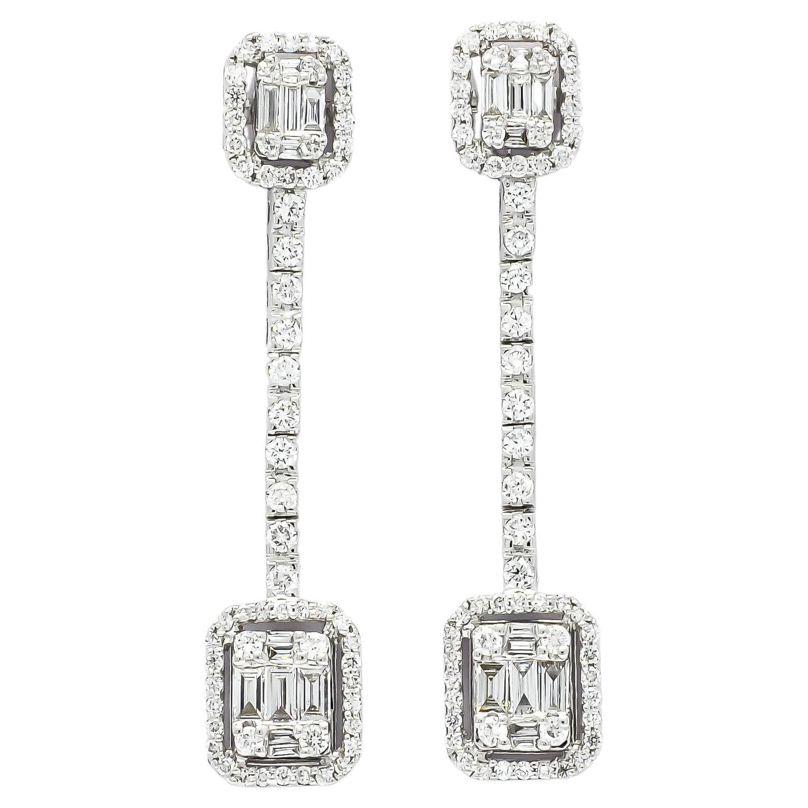 18KT White Gold Baguette Illusion Halo Natural Diamonds Dangler Drop Earrings For Sale