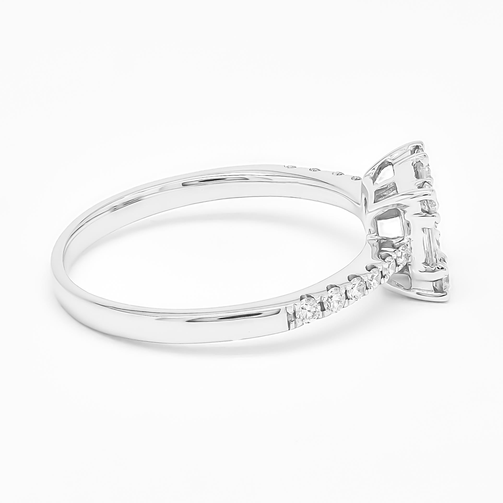 The unique sheen of diamond baguette and round is showcased in this beautiful engagement ring, designed in white gold and accented with a brilliant diamond ina beautiful delicate Shank.

The combination of baguette and round diamonds in a cluster