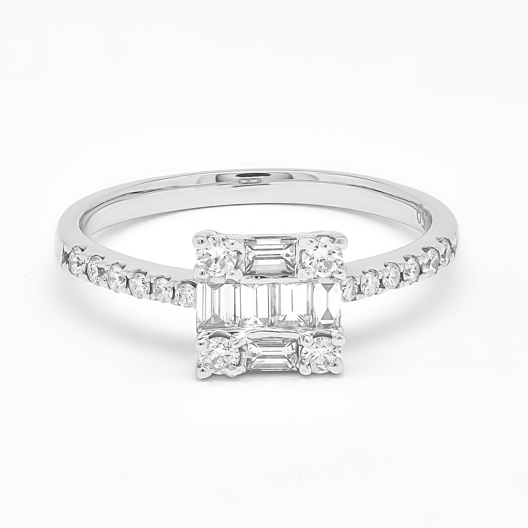 Baguette Cut 18kt White Gold Baguette Round Cluster Natural Diamonds Ring R39054A For Sale