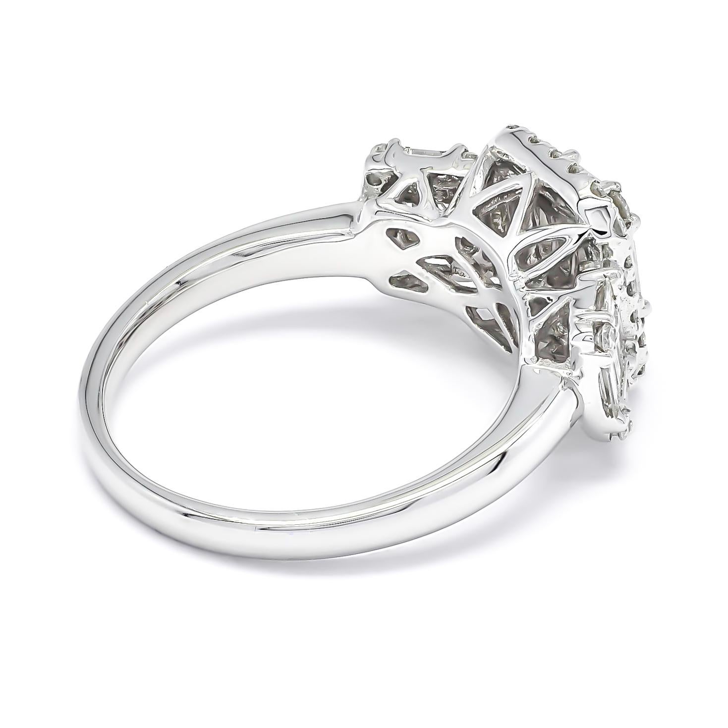 Art Nouveau 18KT White Gold Baguette Round Diamond 3 Cluster Halo Engagement Ring  For Sale