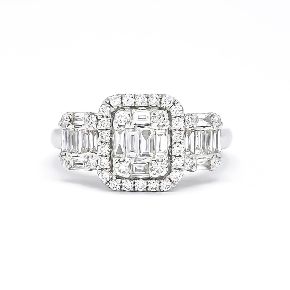 Women's 18KT White Gold Baguette Round Diamond 3 Cluster Halo Engagement Ring  For Sale