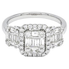 18KT White Gold Baguette Round Diamond 3 Cluster Halo Engagement Ring 