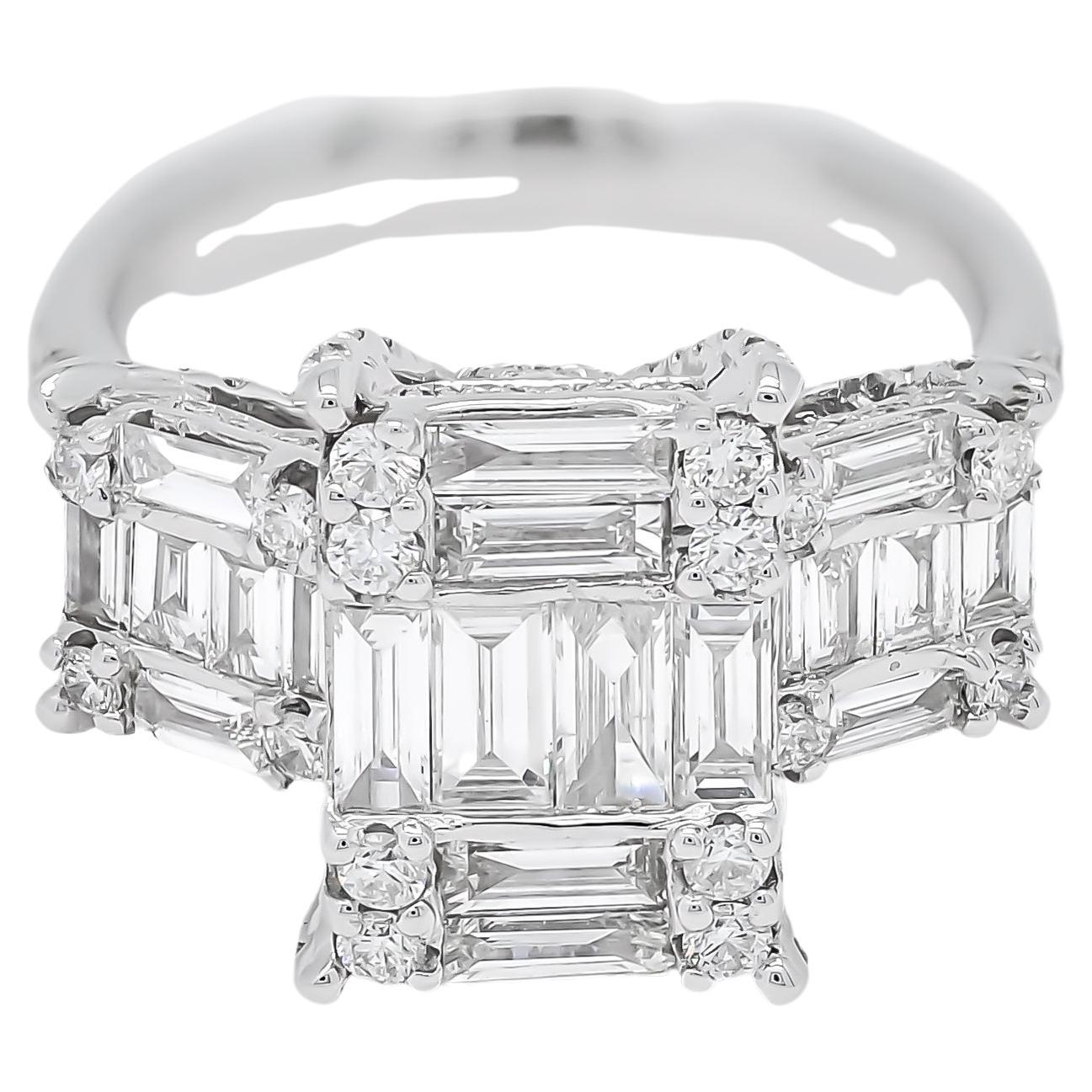 A trio of baguette clusters are framed by beautiful Setting on this stunning diamond engagement ring, set in gleaming white gold. 

This exclusive 18 KT baguette and round diamond 3 cluster designer ring is the ultimate accessory for cocktail