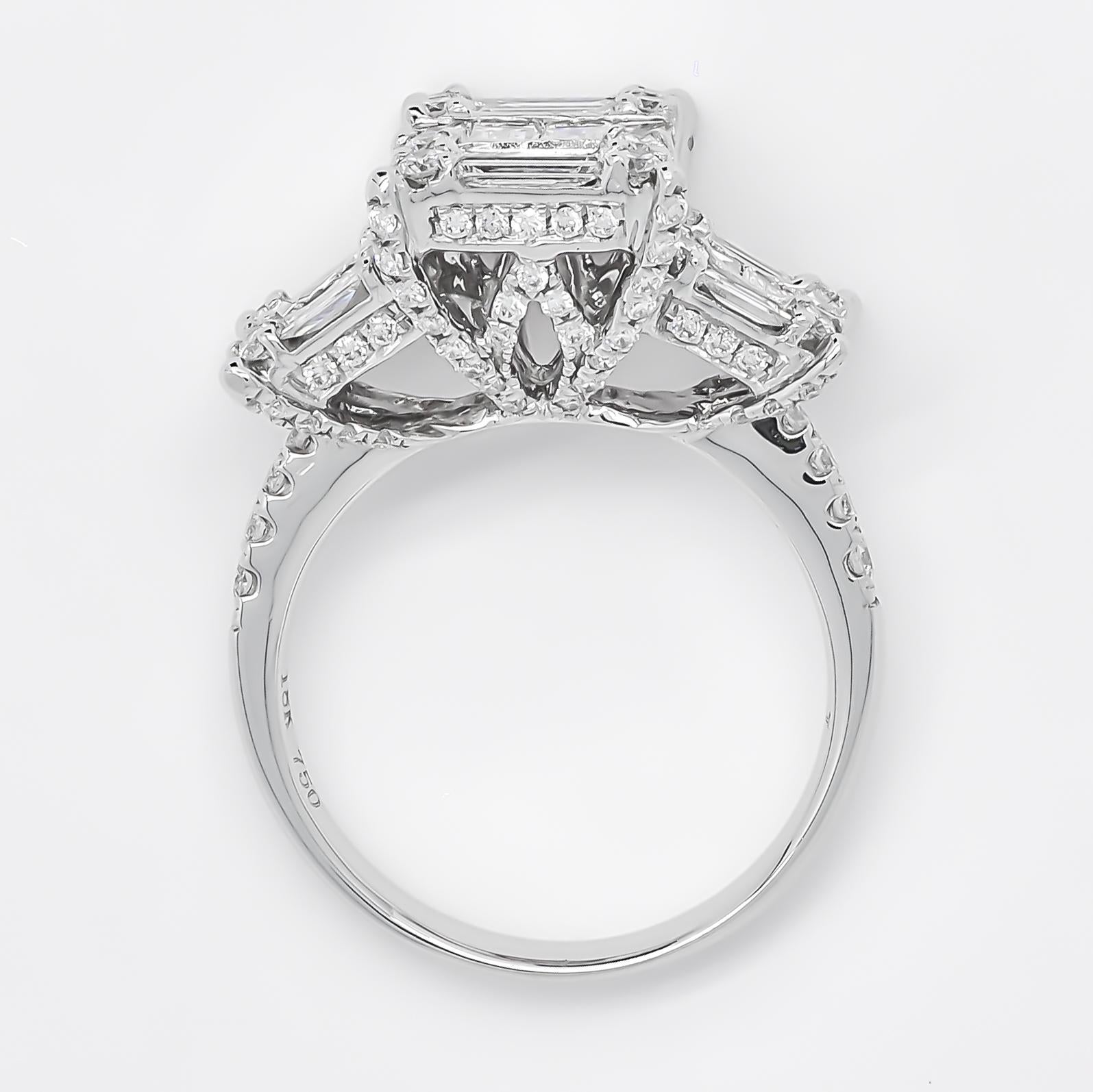 Art Deco 18KT White Gold Baguette Round Diamond 3 Cluster Illusion Engagement Ring For Sale